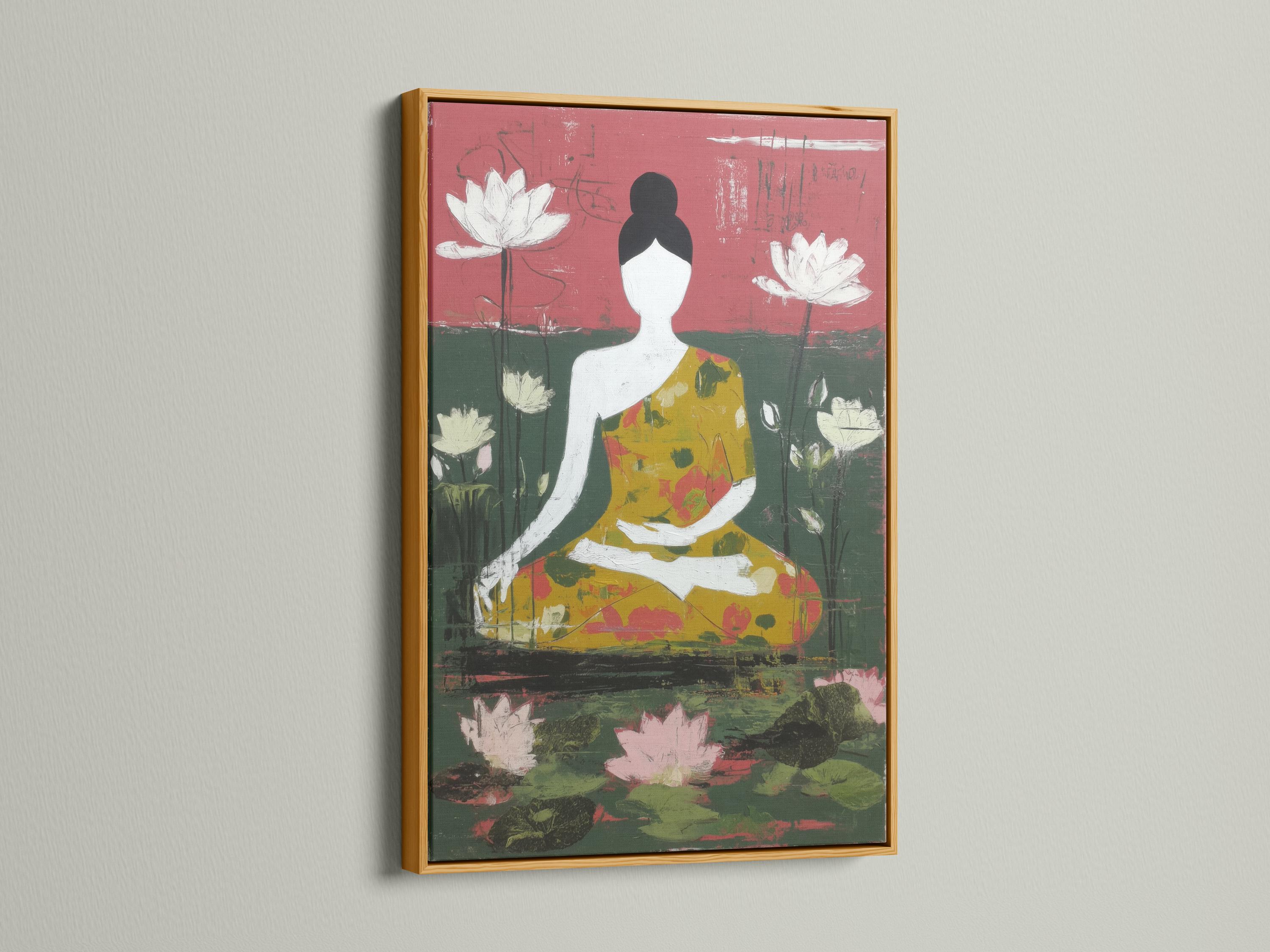 Stylised seated figure surrounded by white lotus flowers with rose pink and green textured background detail view
