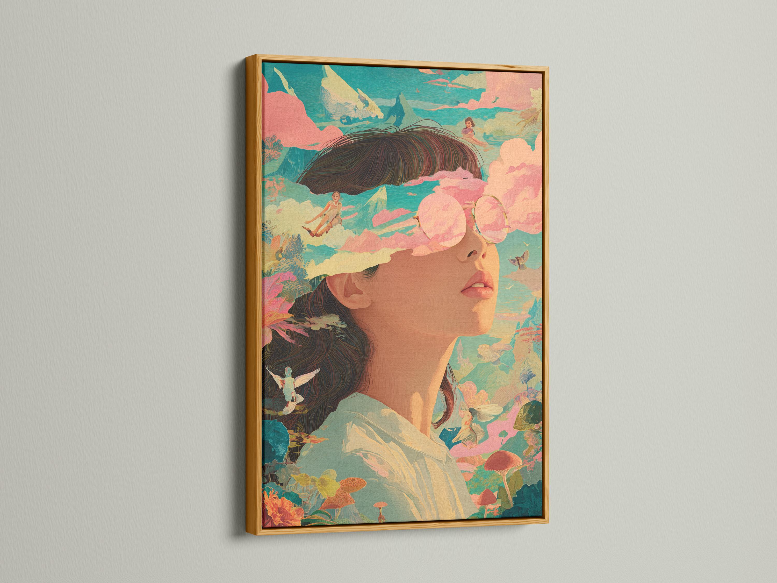 Surreal portrait of a woman with warm blush tones, clouds, foliage, and small birds detail view