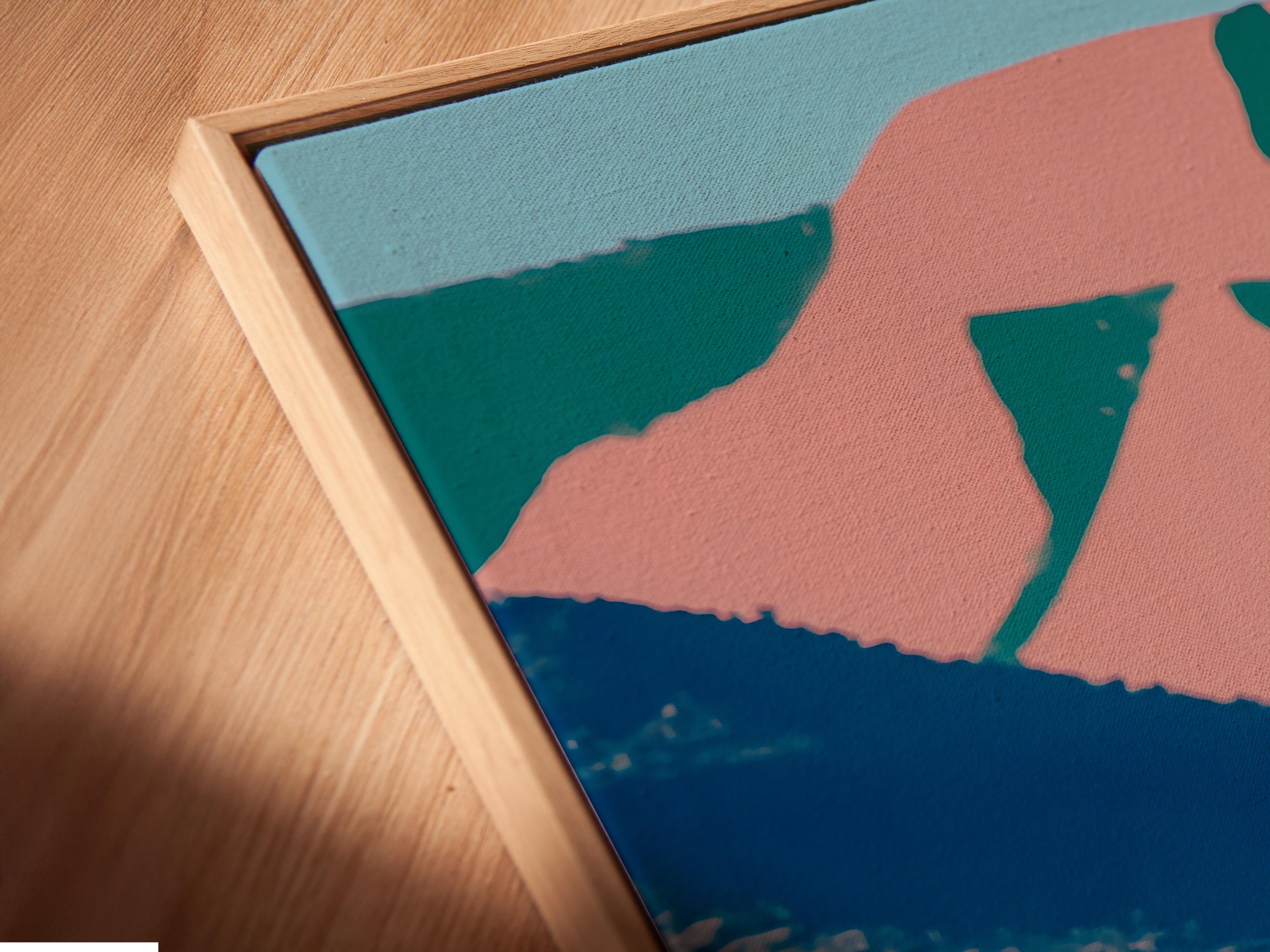 Retro oil pump rig artwork in a desert landscape with blue hills and pink rocks detail view
