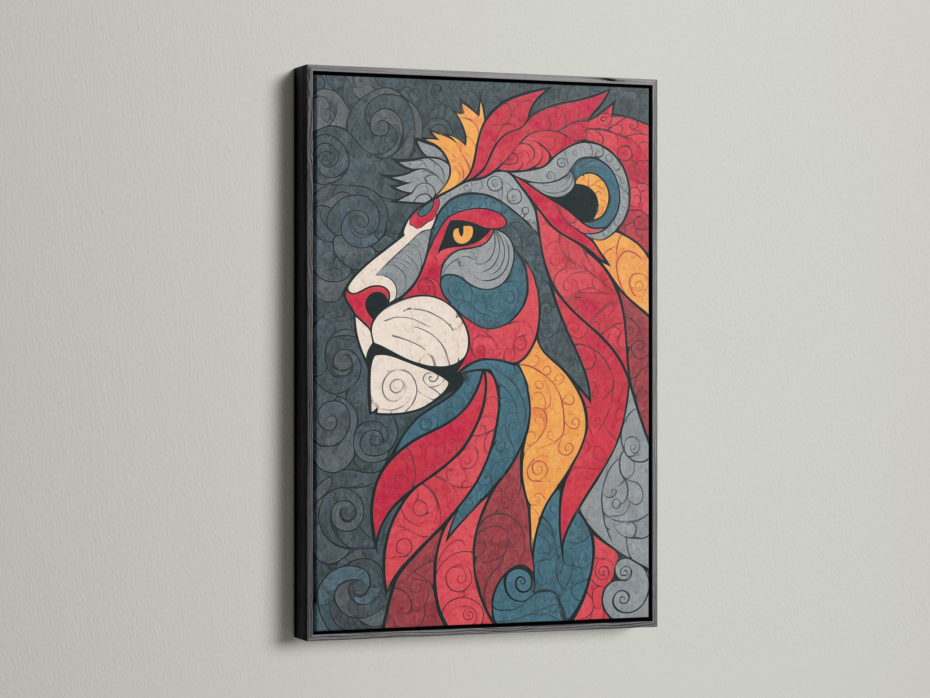 A stylised lion in bold reds, greys, and golds rests across a swirling patterned background with curled tail and mane shapes detail view