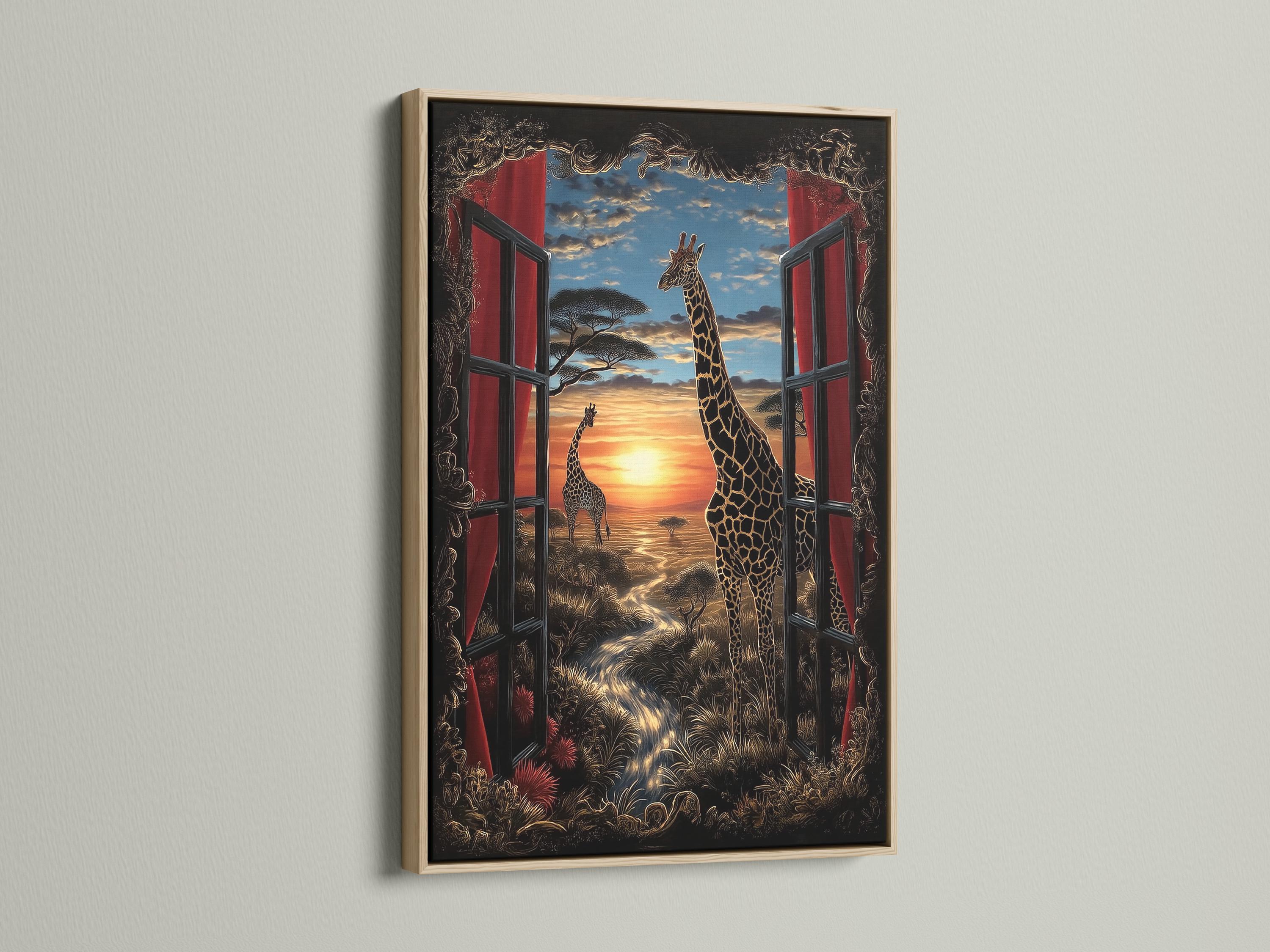 Framed giraffe window-view sunset artwork shown on a wall, with curtain shutters and a savanna