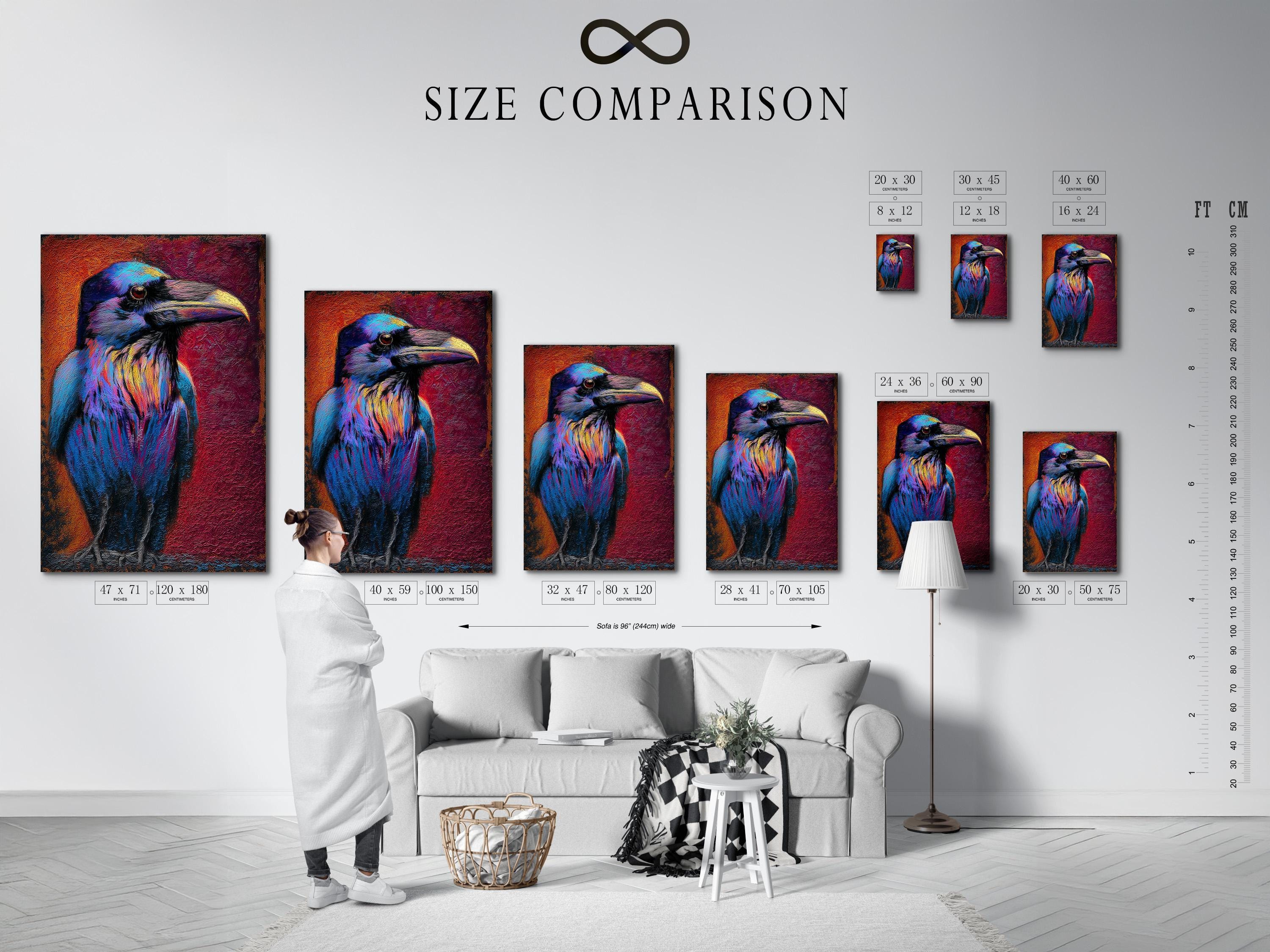 A raven portrait artwork displayed in a barbershop setting