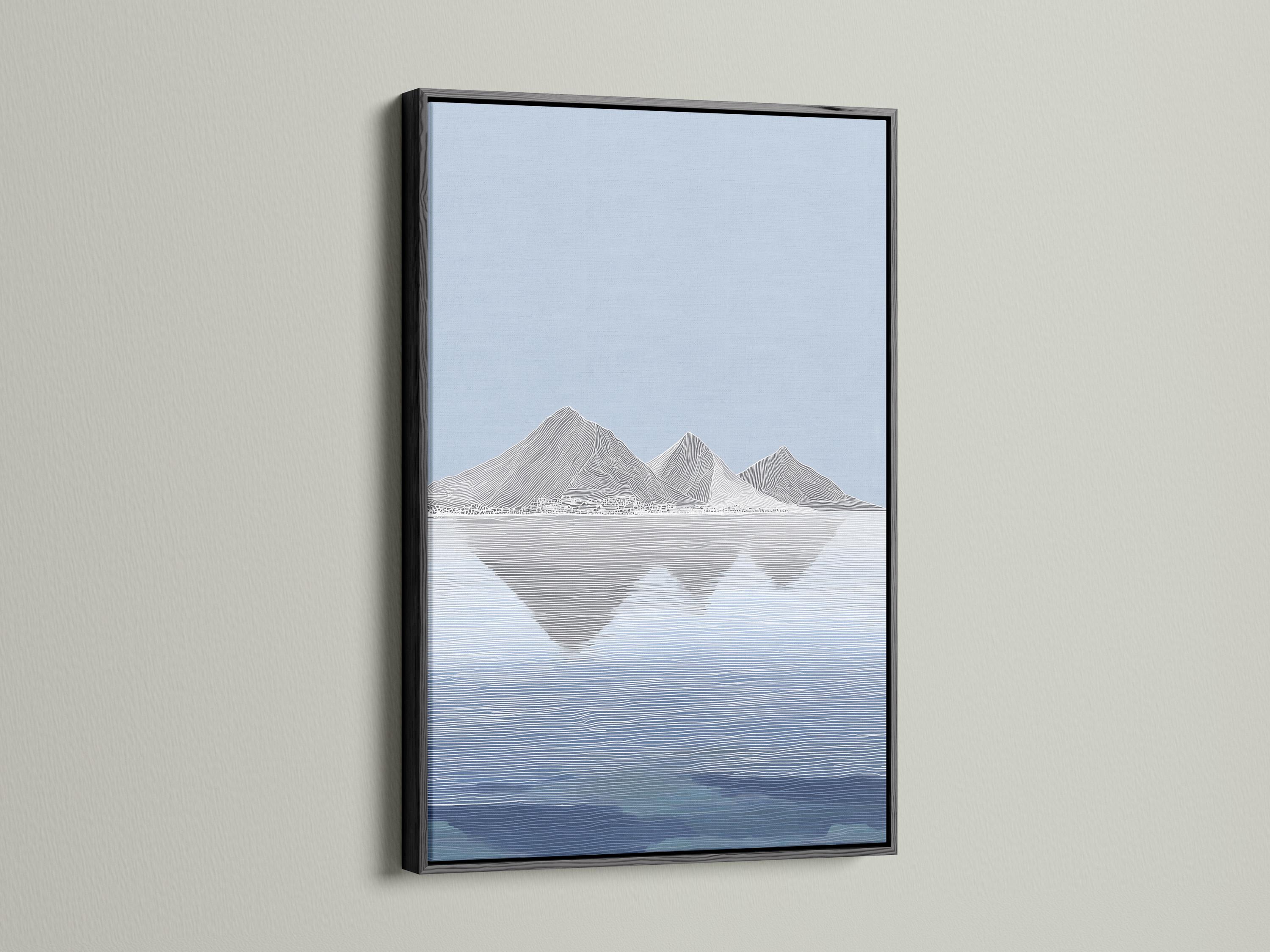 Wall mockup showing a framed blue minimalist mountain reflection landscape artwork