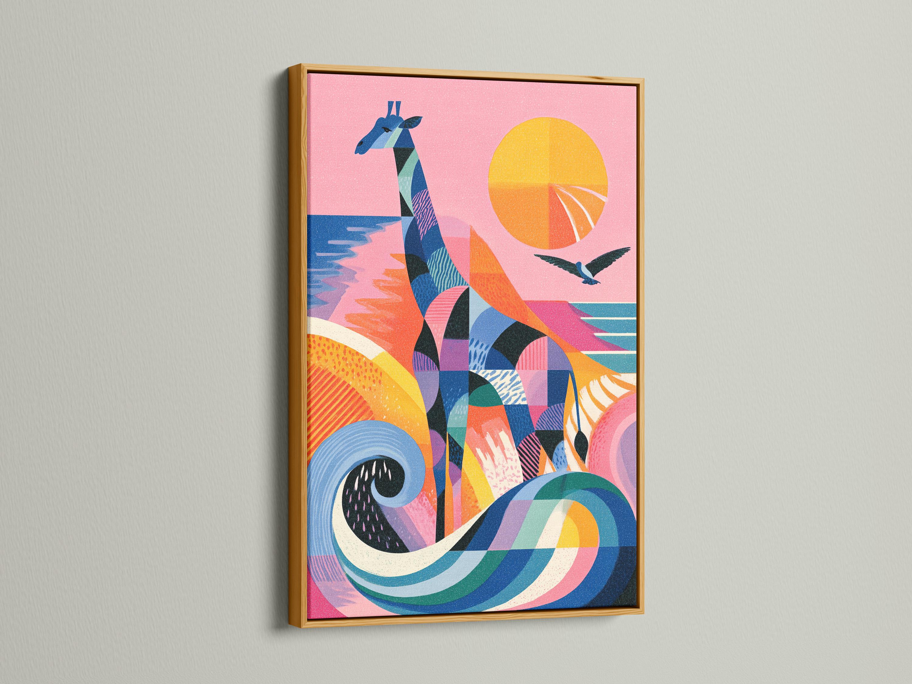 Colourful geometric giraffe artwork with birds in flight and a sun-like circle on a pink background detail view