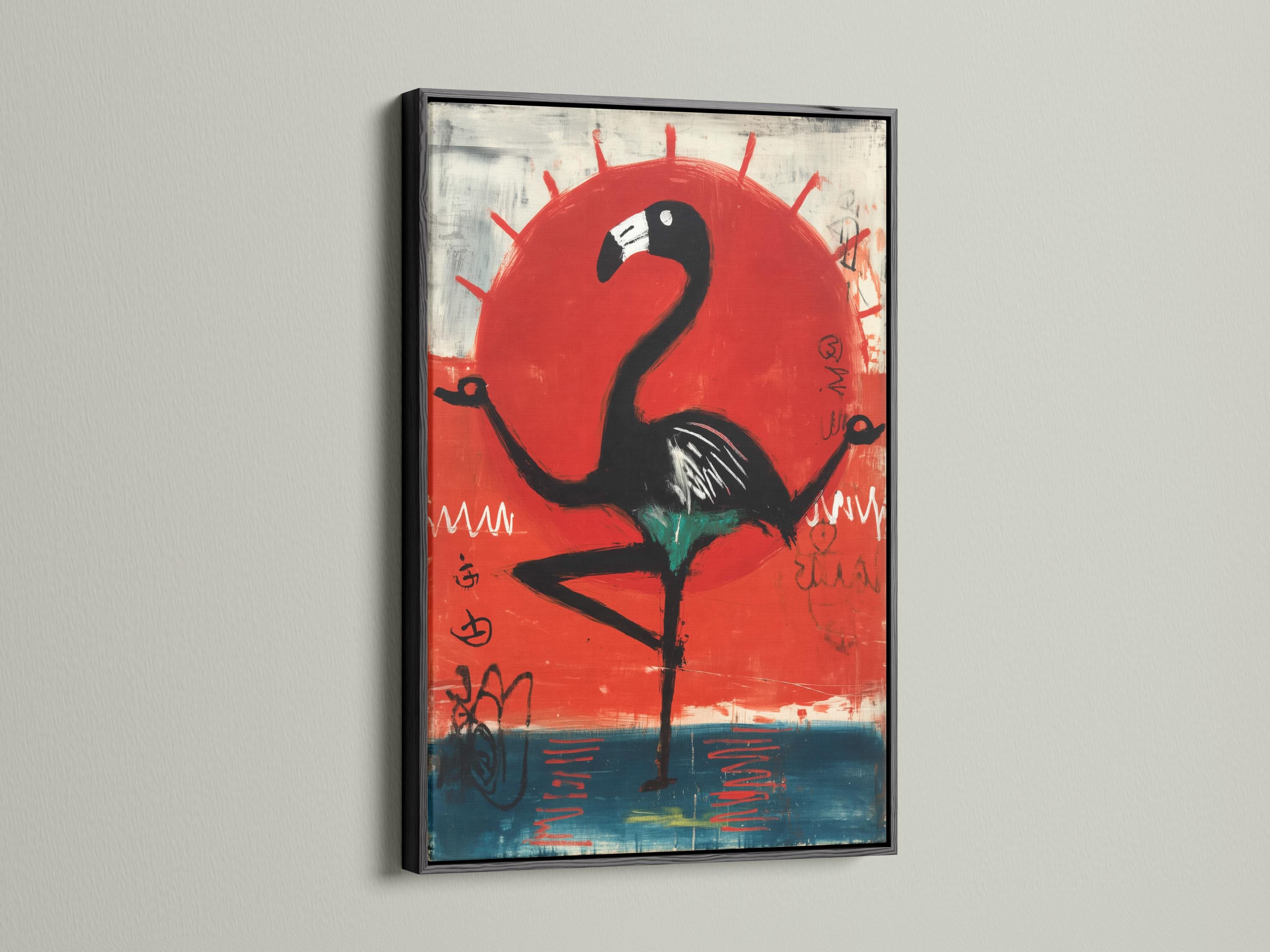 Stylised black flamingo beneath a large red sun over teal-blue and grey abstract marks detail view