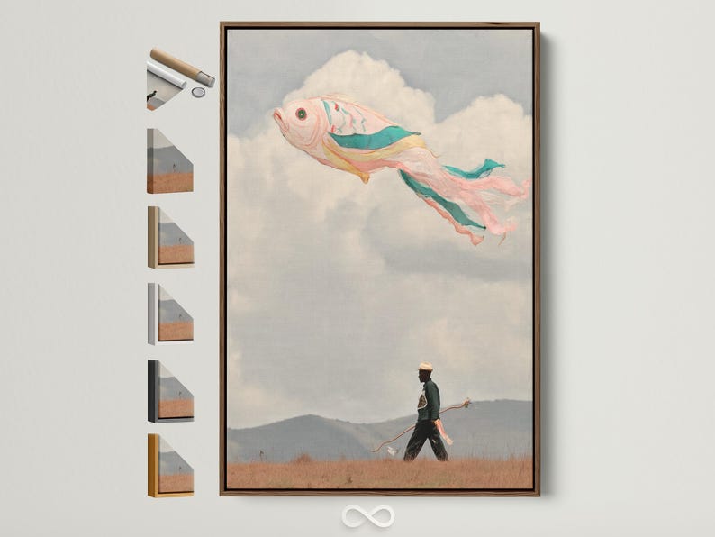 Surreal flying fish with coral and teal colours in a cloudy sky above a field