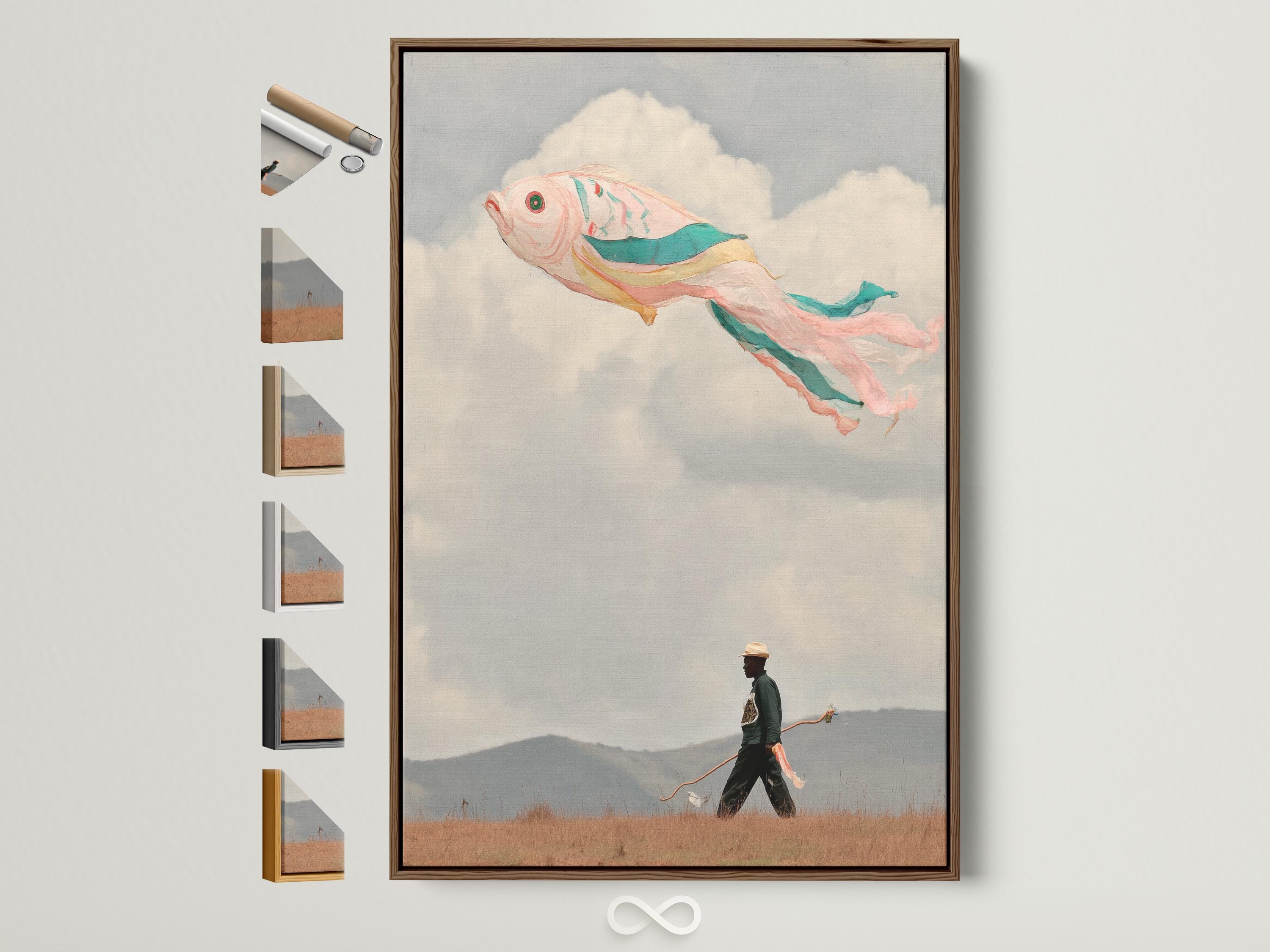 Surreal flying fish with coral and teal colours in a cloudy sky above a field