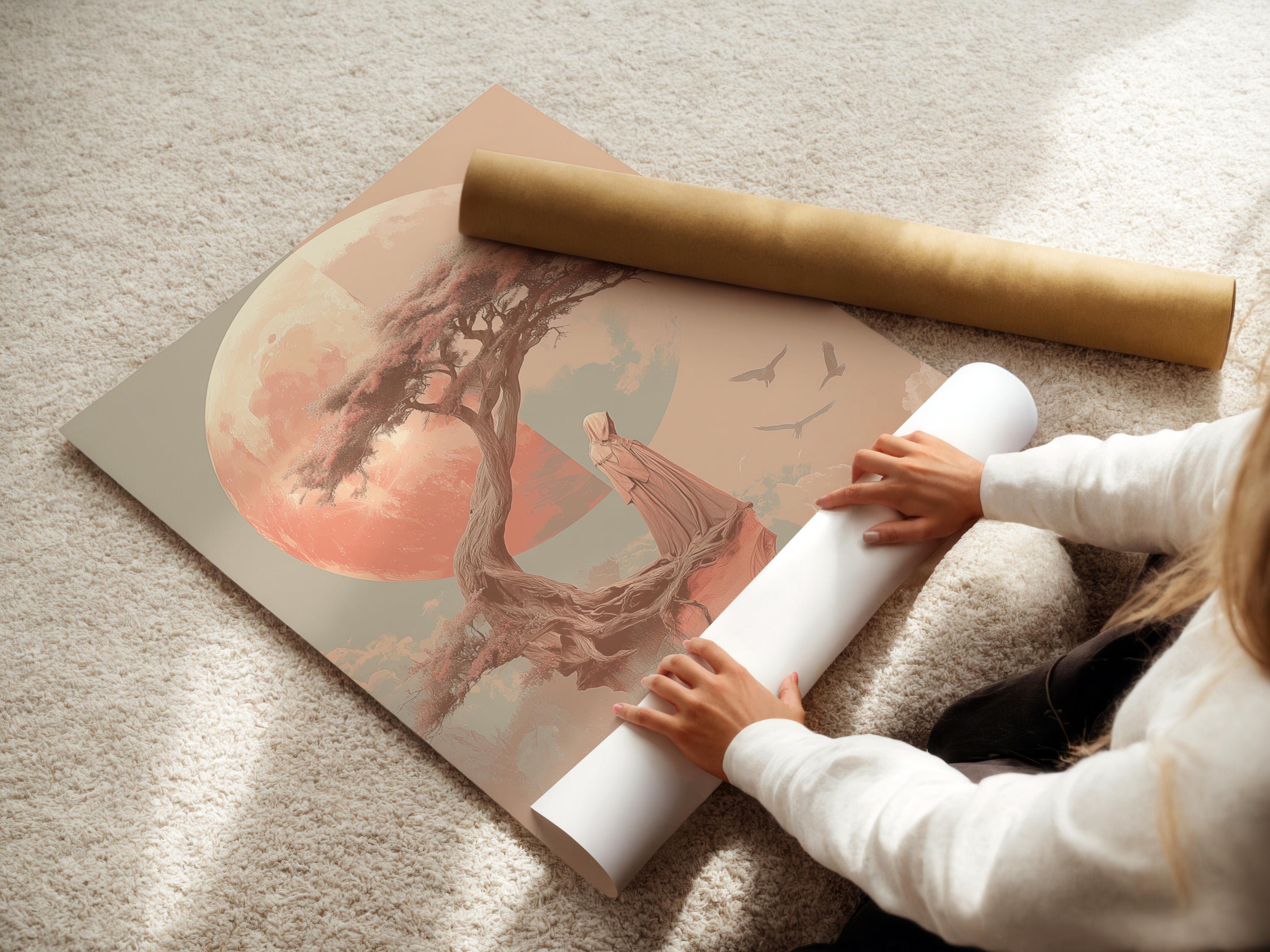 Coral pink moonlit tree with a robed figure and birds in flight detail view