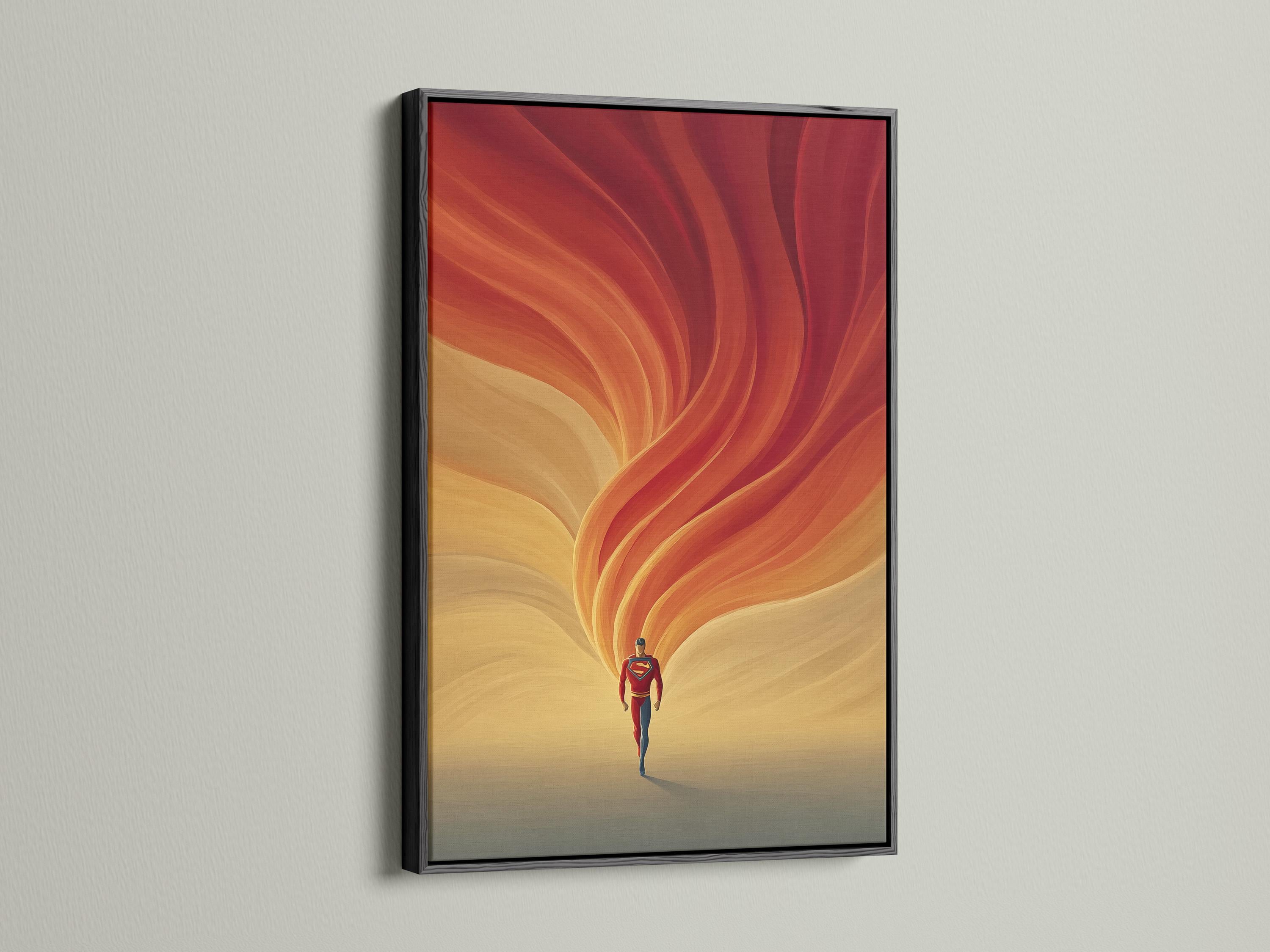 Portrait artwork of a red and blue superhero under warm orange and red energy swirls detail view