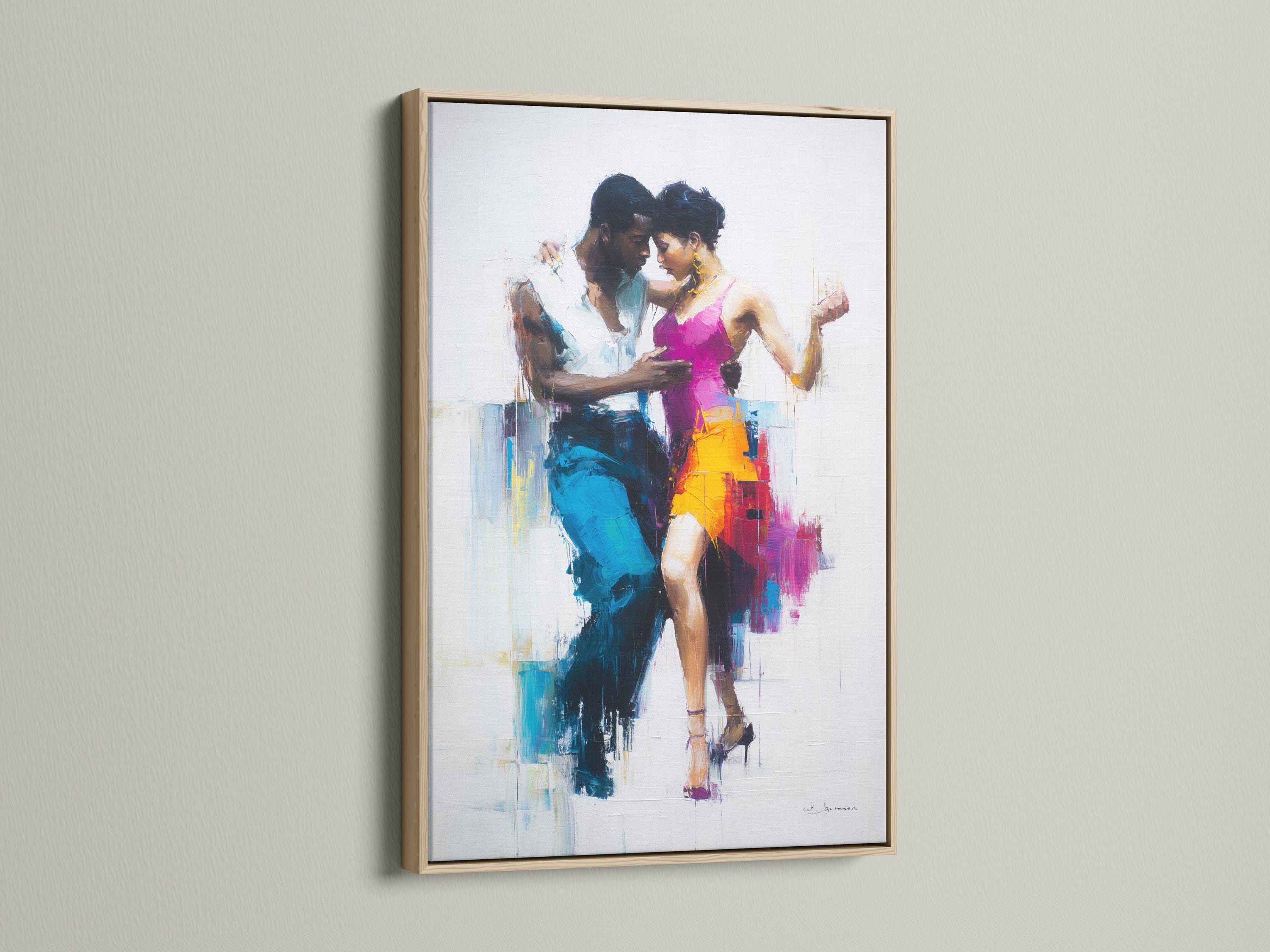 Abstract painterly dancing couple in hot pink and blue tones on a light background detail view