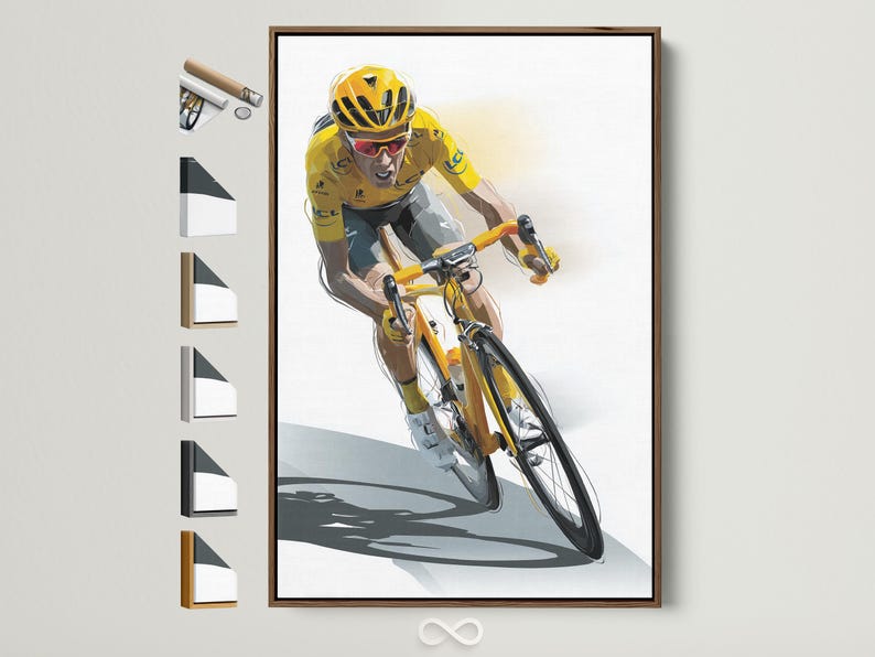 Illustration of a cyclist in a bright yellow jersey racing on a bicycle against a pale background
