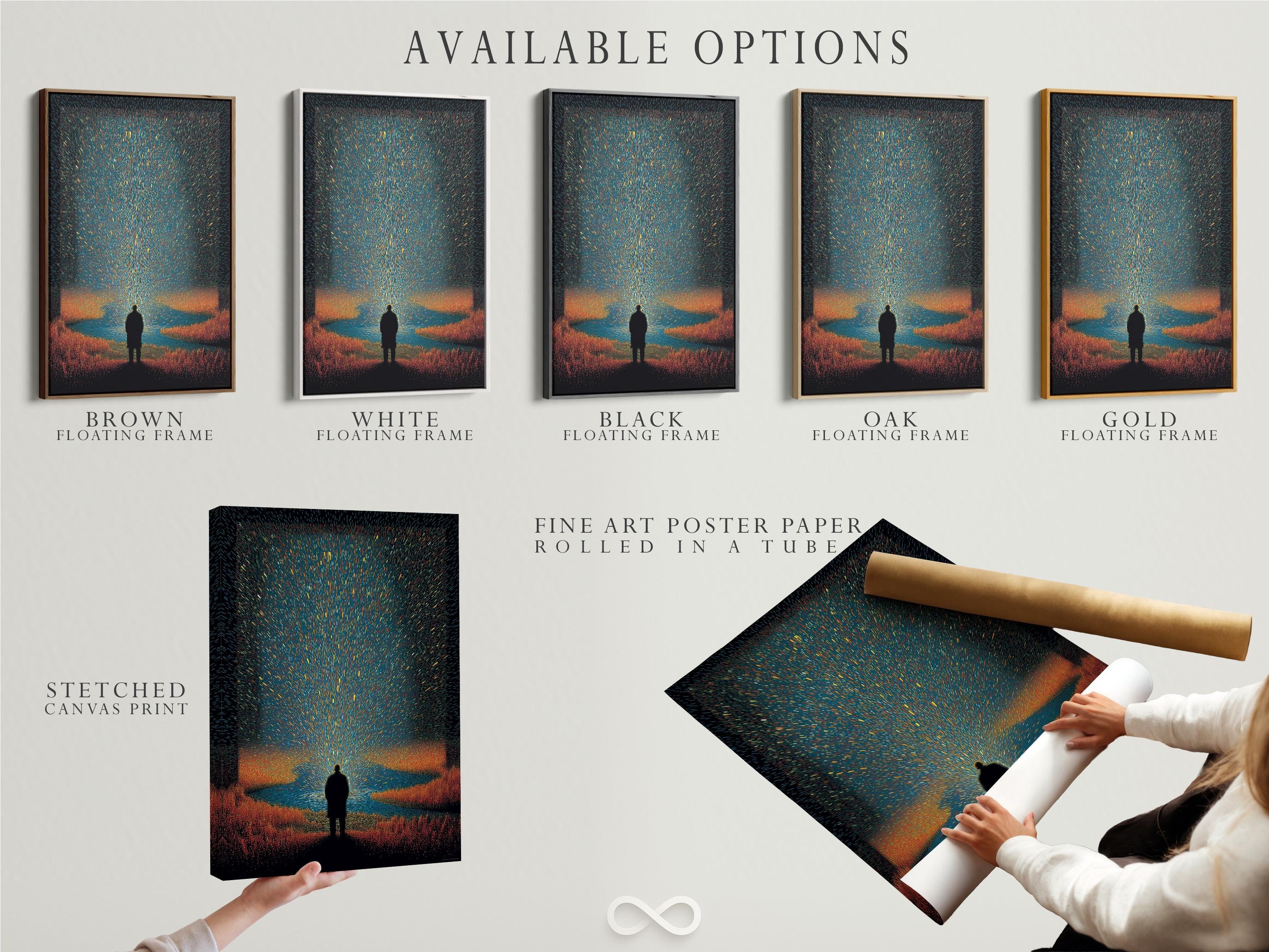 Moody teal and burnt-orange night scene with a silhouetted figure beneath a starburst glow detail view
