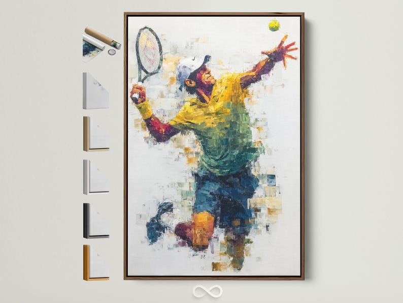 Abstract tennis player artwork with a raised racquet in yellow, blue, teal and red colour blocks on a light background