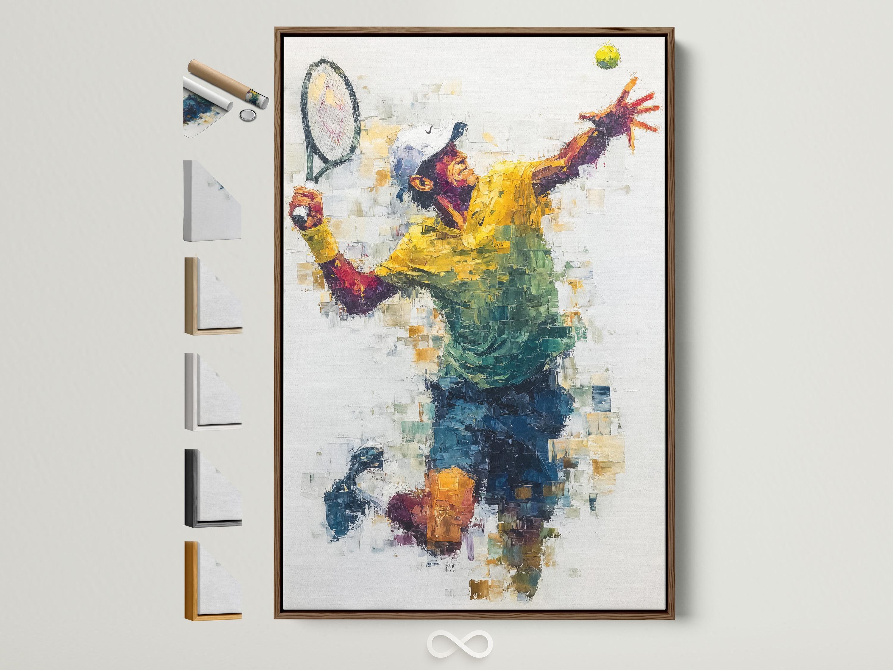 Abstract tennis player artwork with a raised racquet in yellow, blue, teal and red colour blocks on a light background