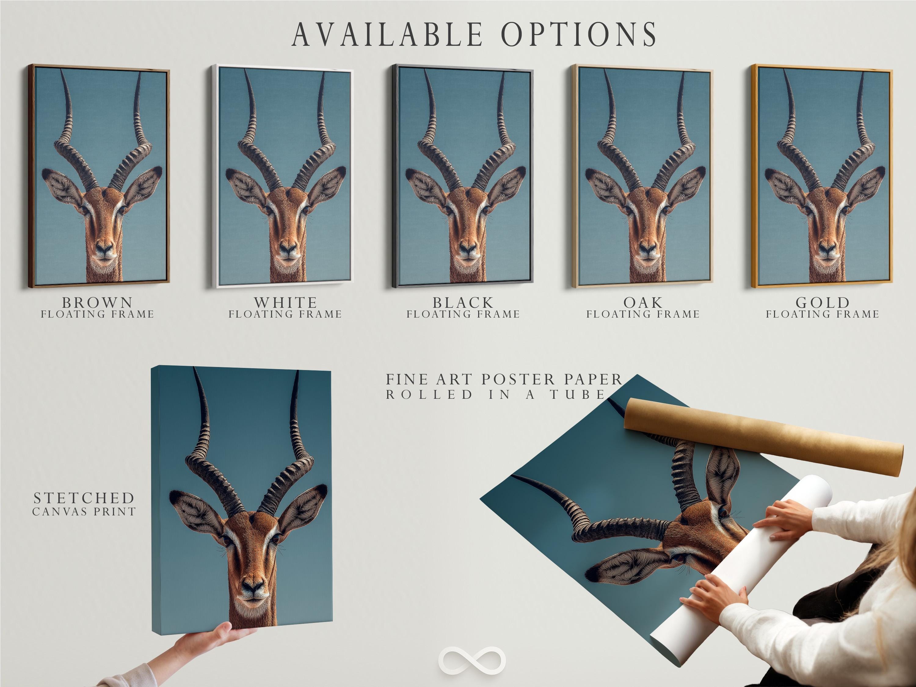 Antelope portrait illustration with long curved horns on a teal background detail view