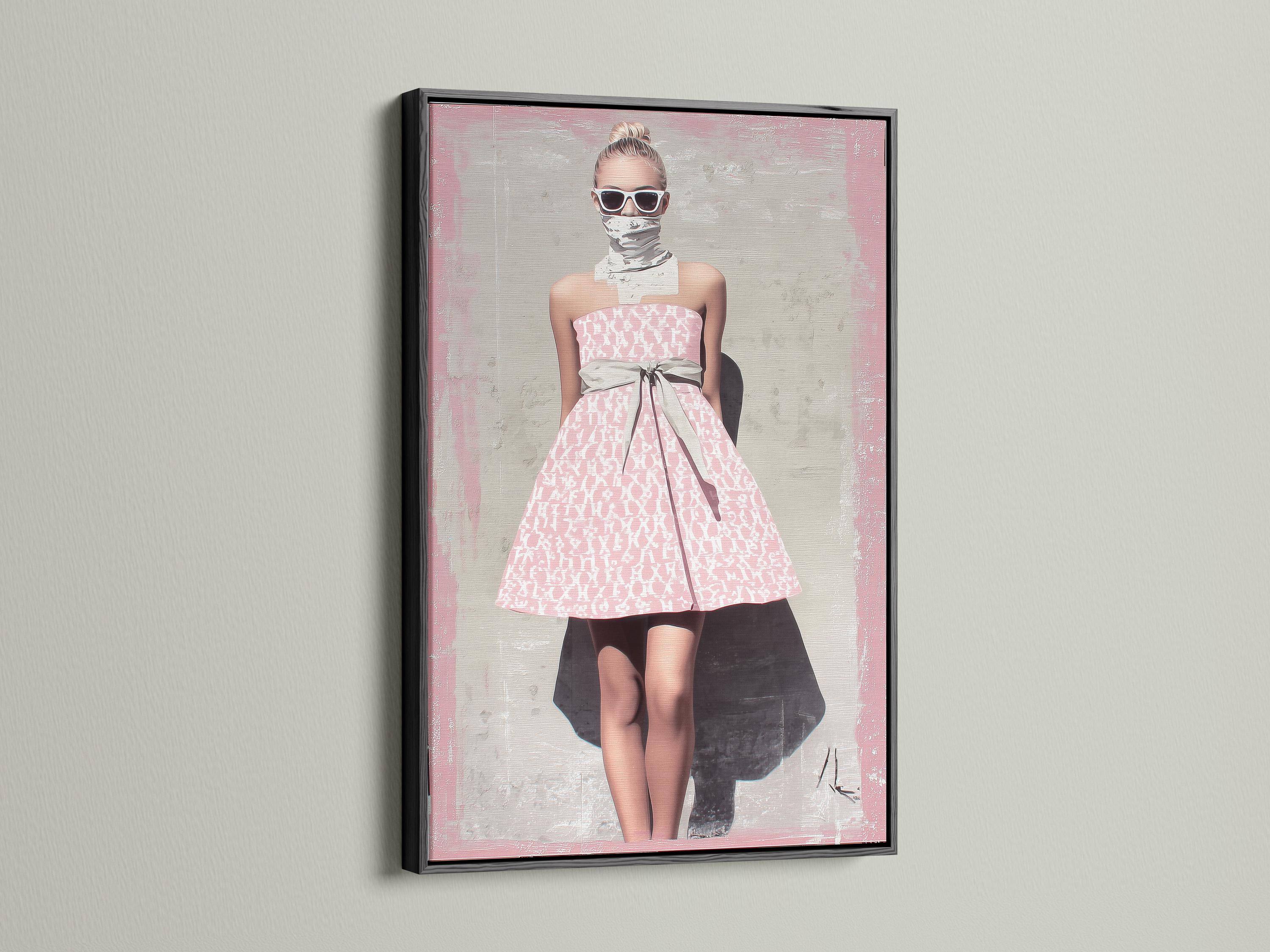 Room mockup showing a framed artwork with a stylised woman in a pink patterned dress