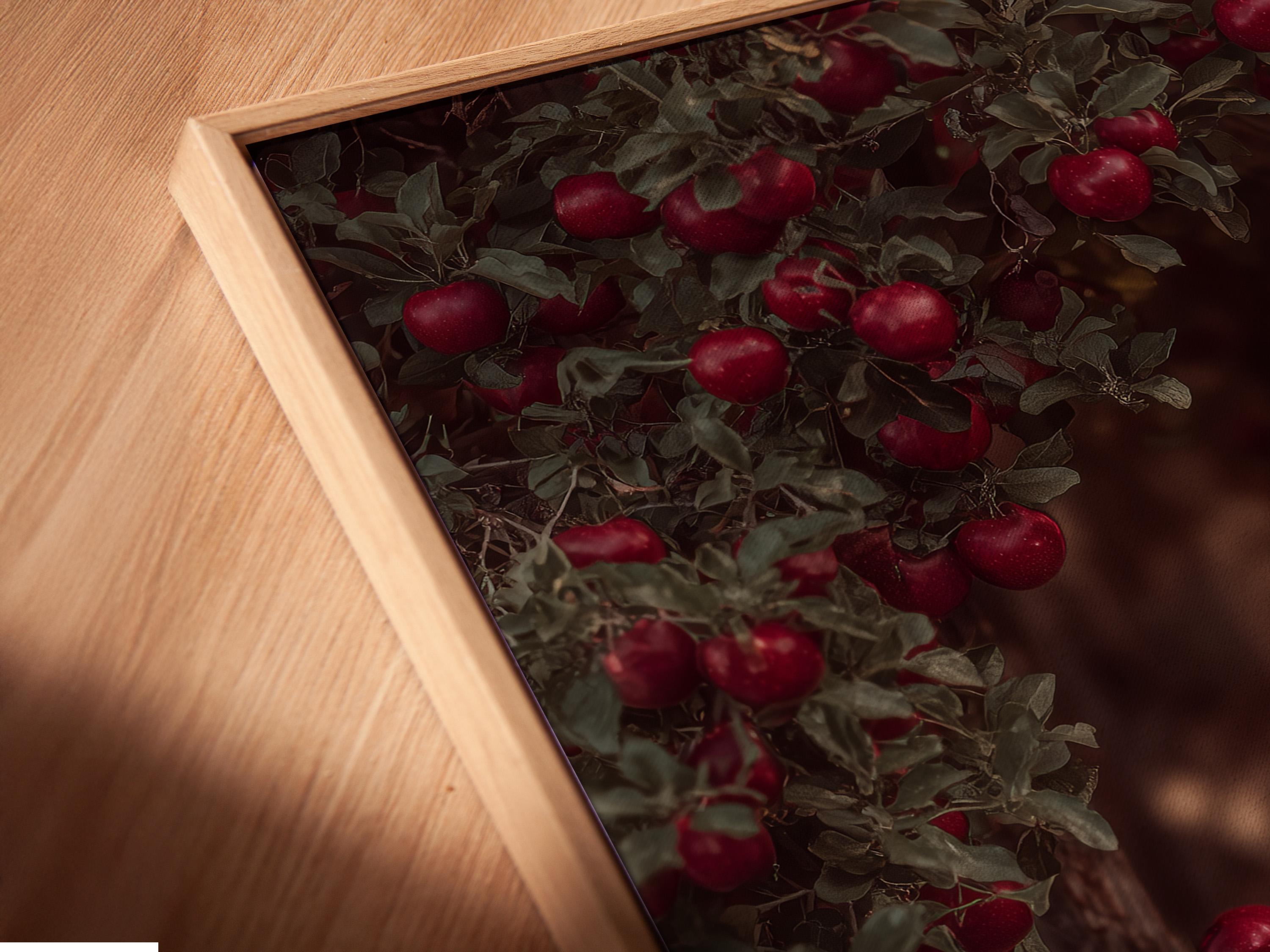 Portrait artwork showing a wicker basket of red apples with leafy branches and a rustic orchard background detail view