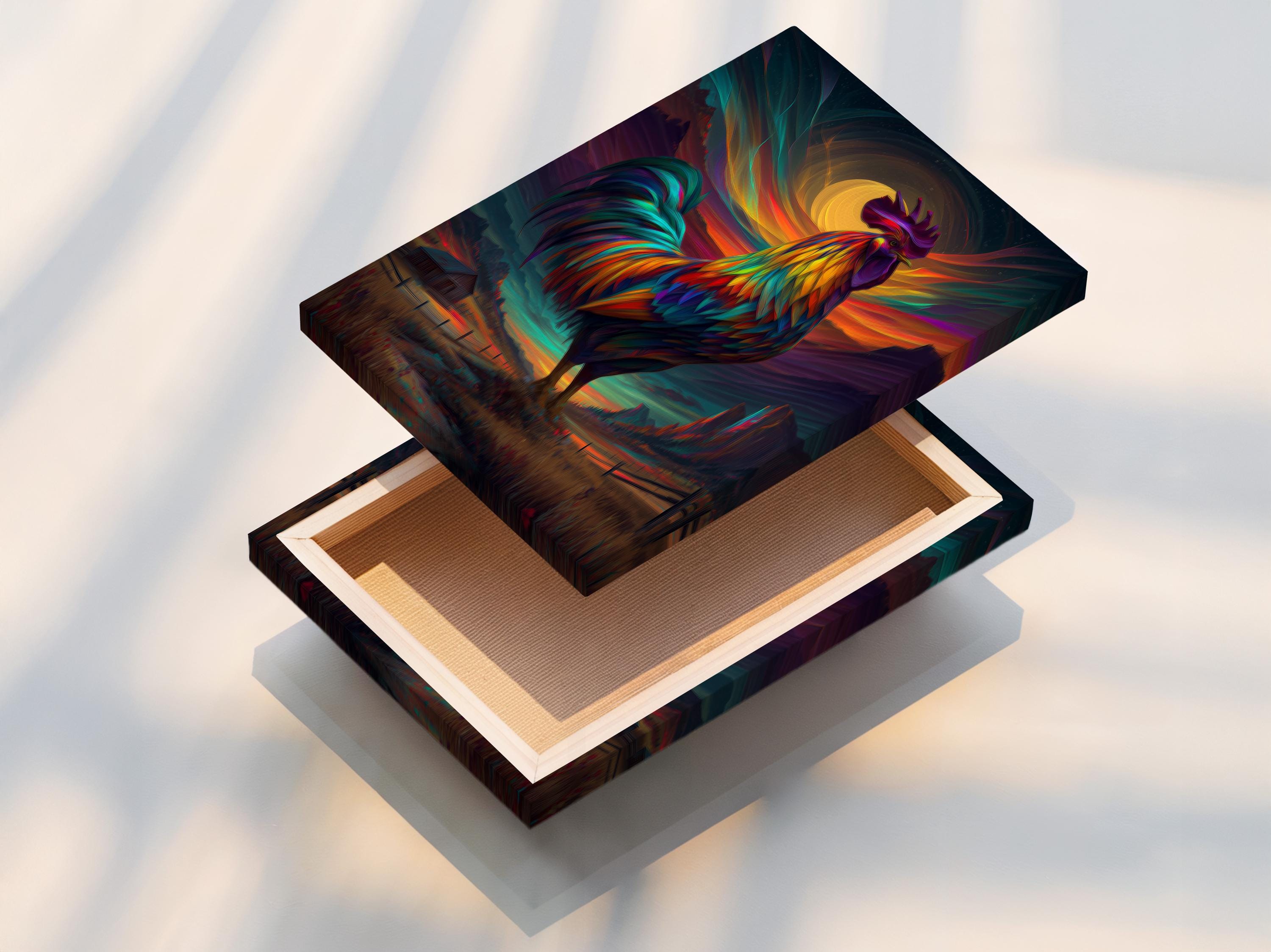 Stylised rainbow-feather rooster standing in front of a glowing sunset landscape detail view