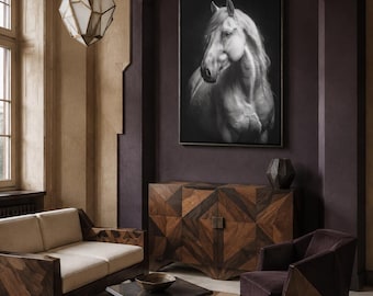 Equestrian Canvas Art Print - Black and White Horse Portrait, Modern Farmhouse Wall Decor, Animal Photography for Bedroom, Elegant Gift