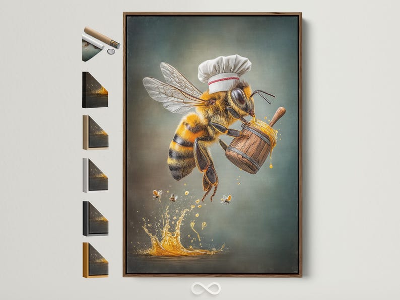 A painterly bee chef stands above a golden honey splash, holding a wooden barrel-like container and wearing a white hat, on a teal-grey background