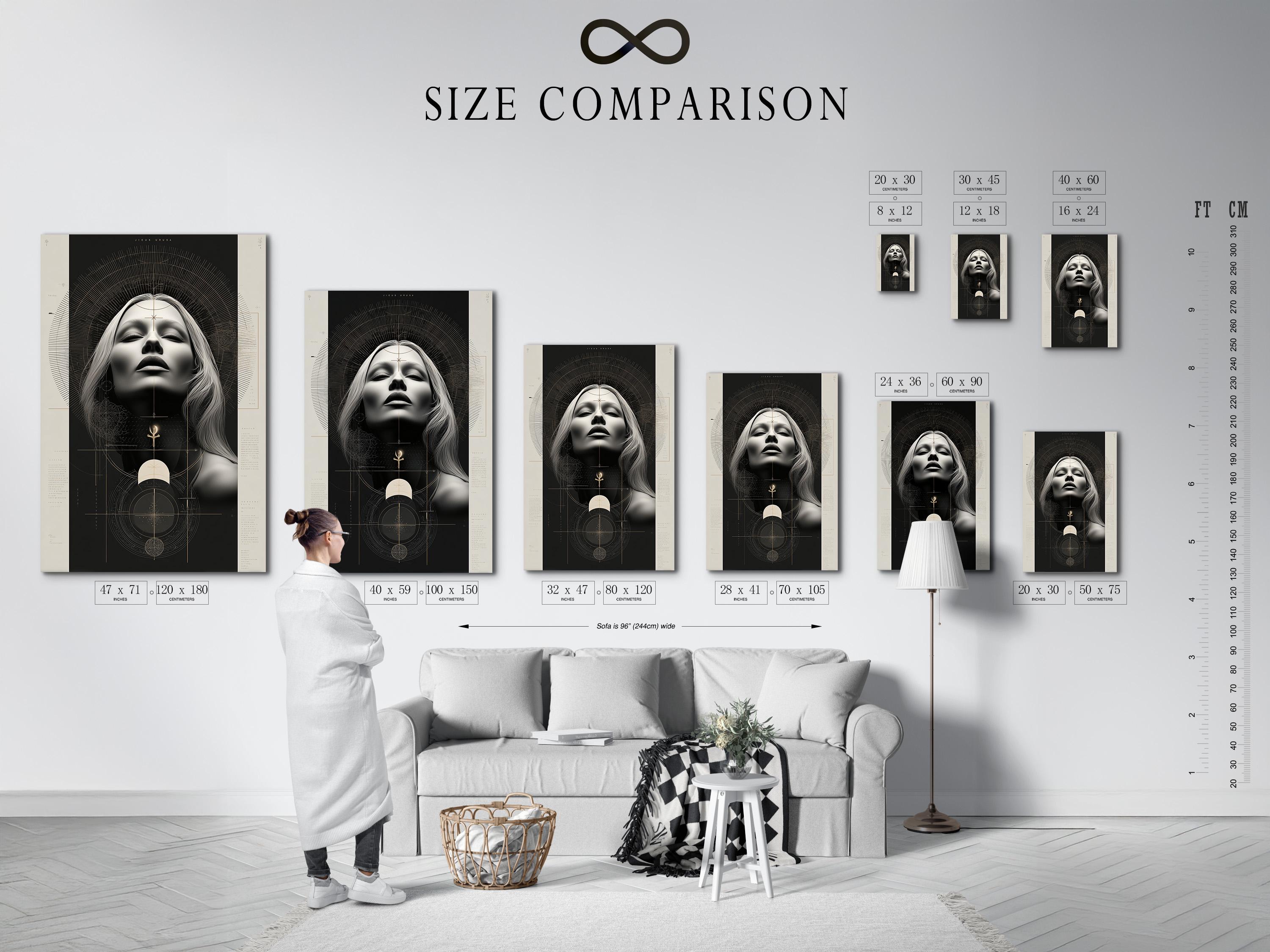 Geometric woman portrait artwork with grayscale face, arcs and black and beige tones plus small gold symbols detail view