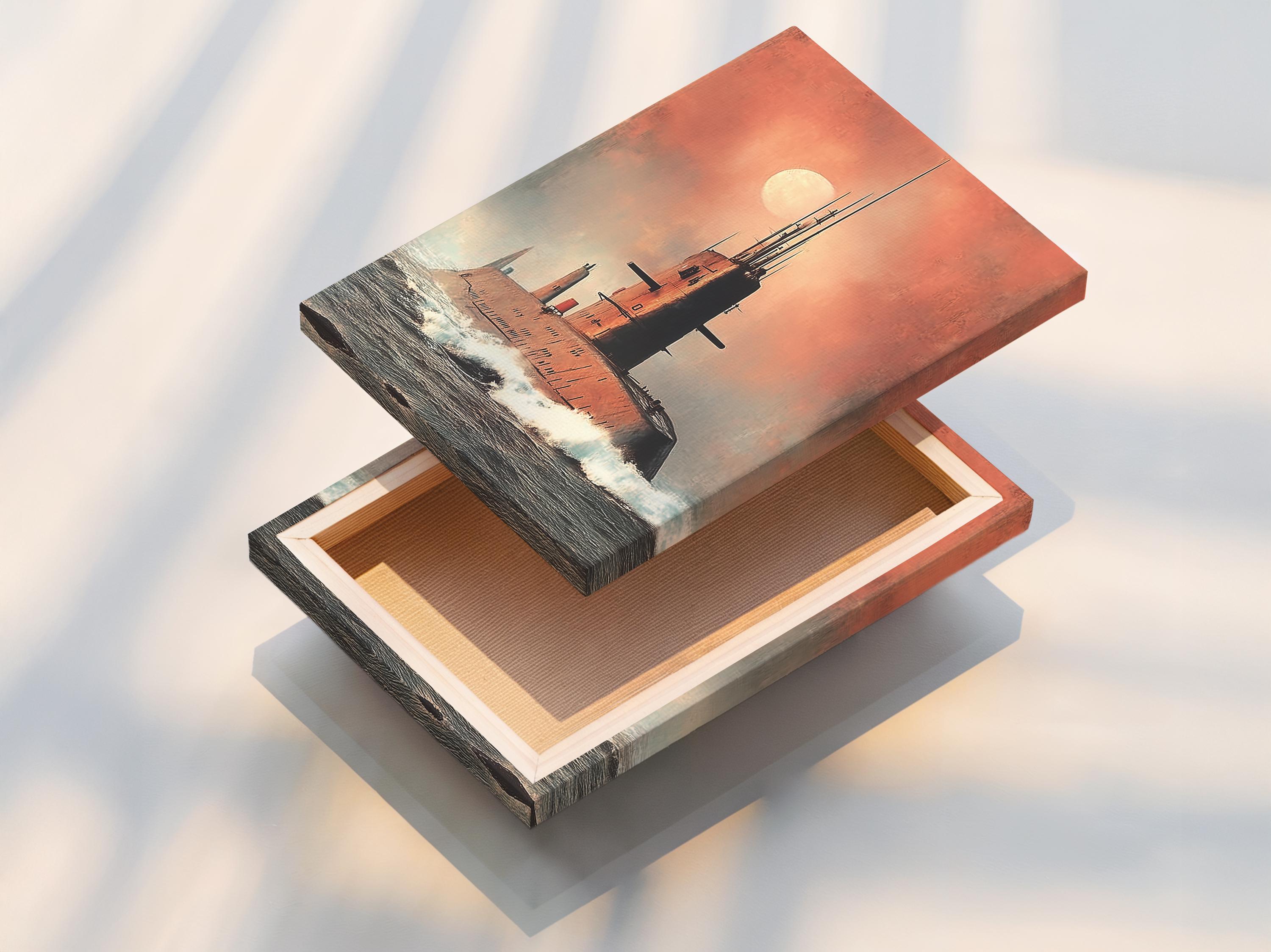 Moonlit submarine on choppy ocean waves under a dusty pink sky detail view