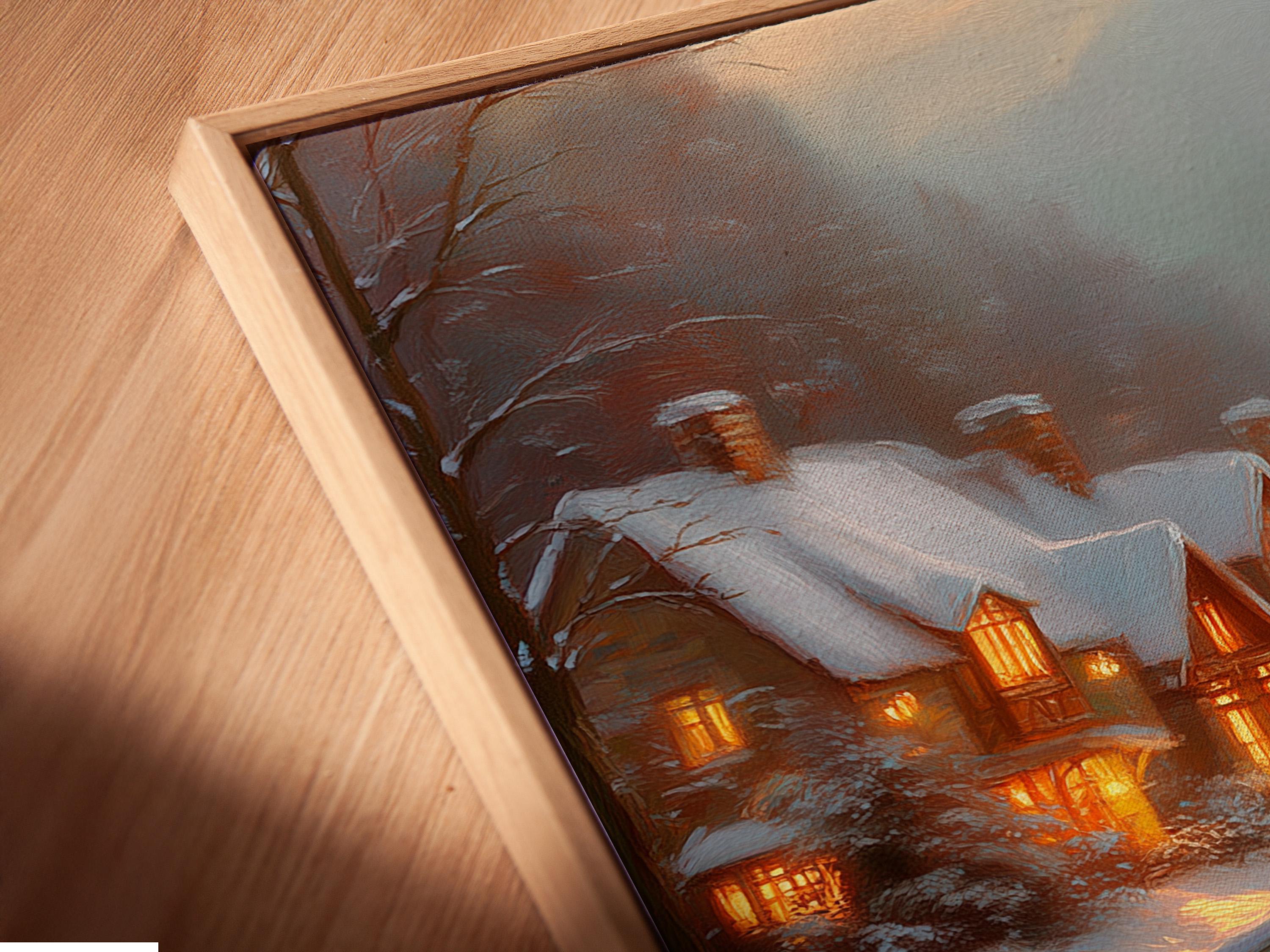 Snowy village scene with warm-lit cottages, an arched bridge and teal river reflections detail view