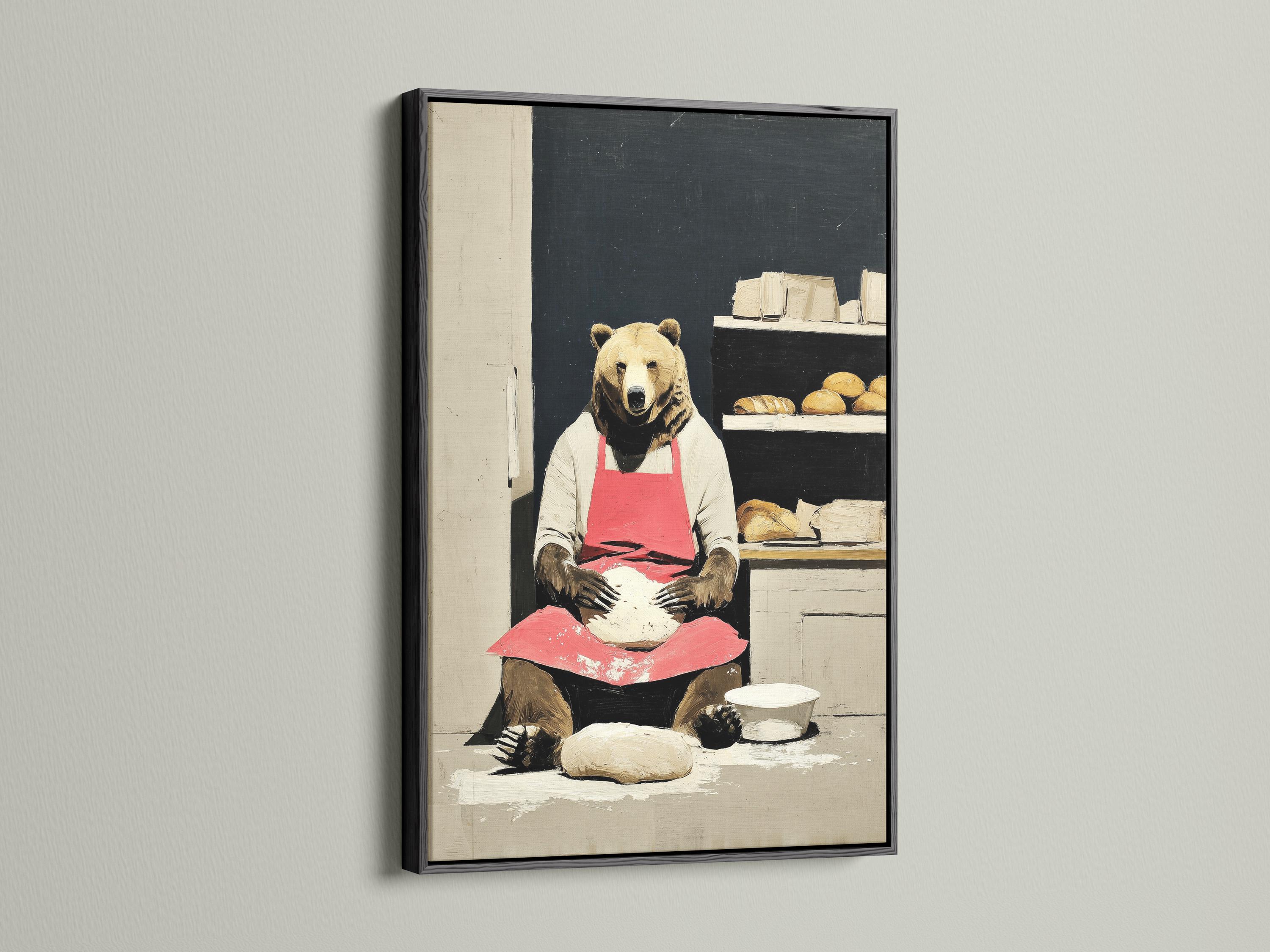 Bear chef wall artwork shown in a room mockup with multiple frame colour options