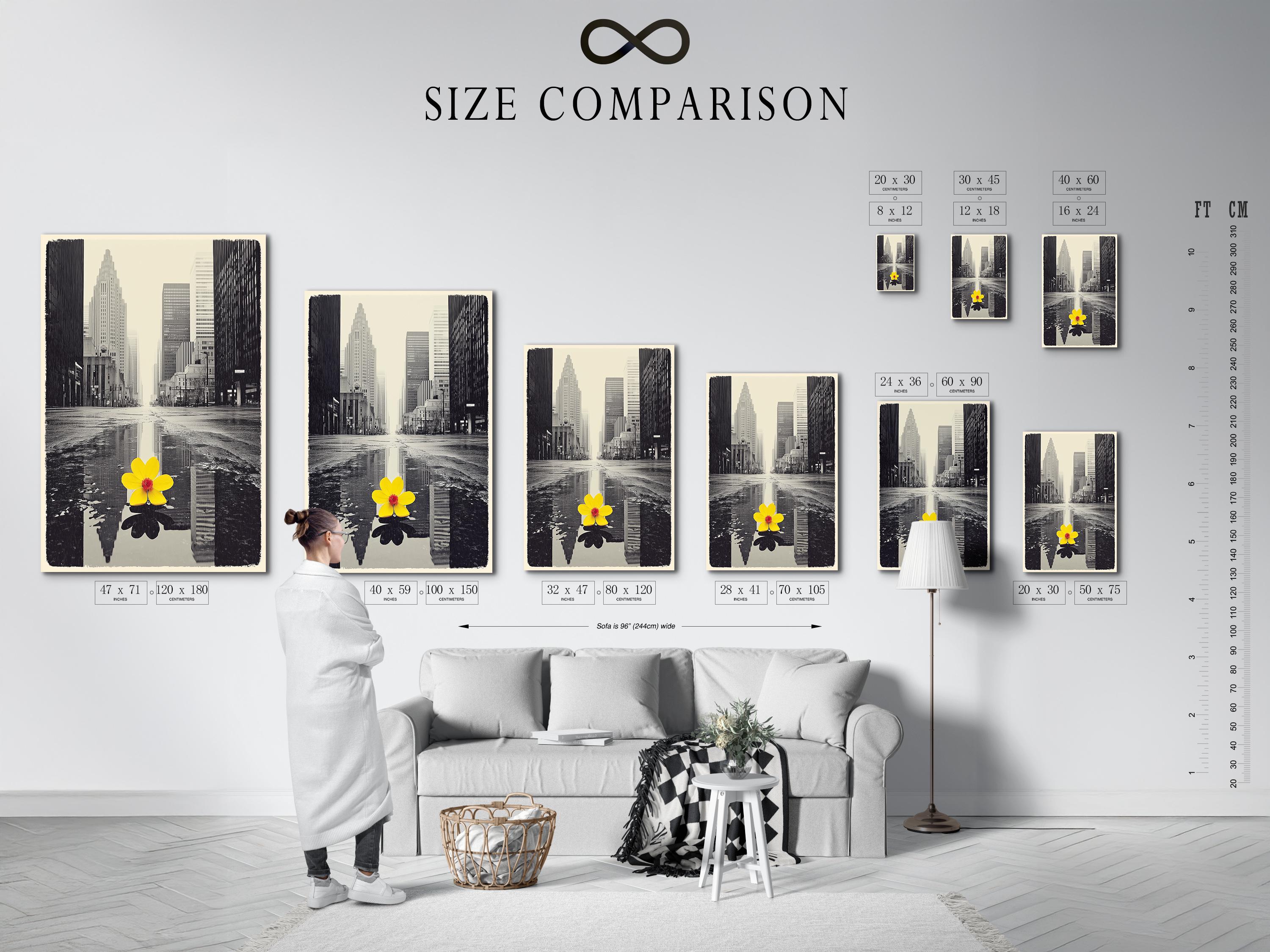 A monochrome city skyline is overlaid with a single bright yellow flower, reflected in water-like bands, creating a high-contrast urban accent detail