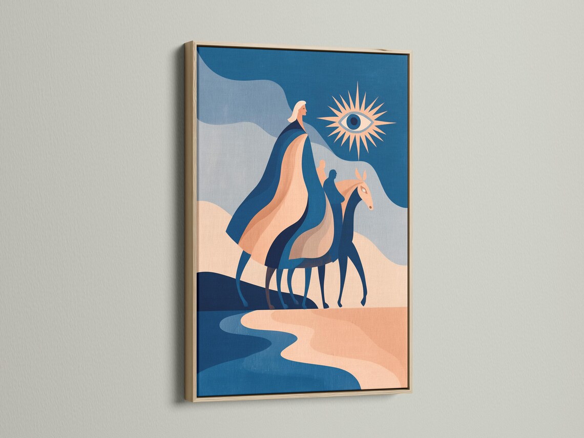 Stylised horse artwork in blue and peach with a sunburst eye motif detail view