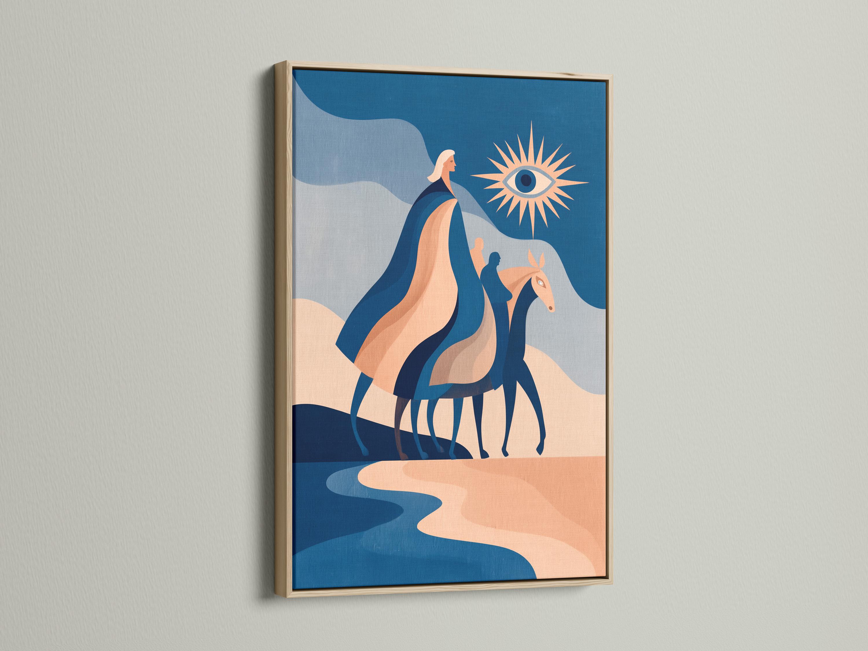 Stylised horse artwork in blue and peach with a sunburst eye motif detail view