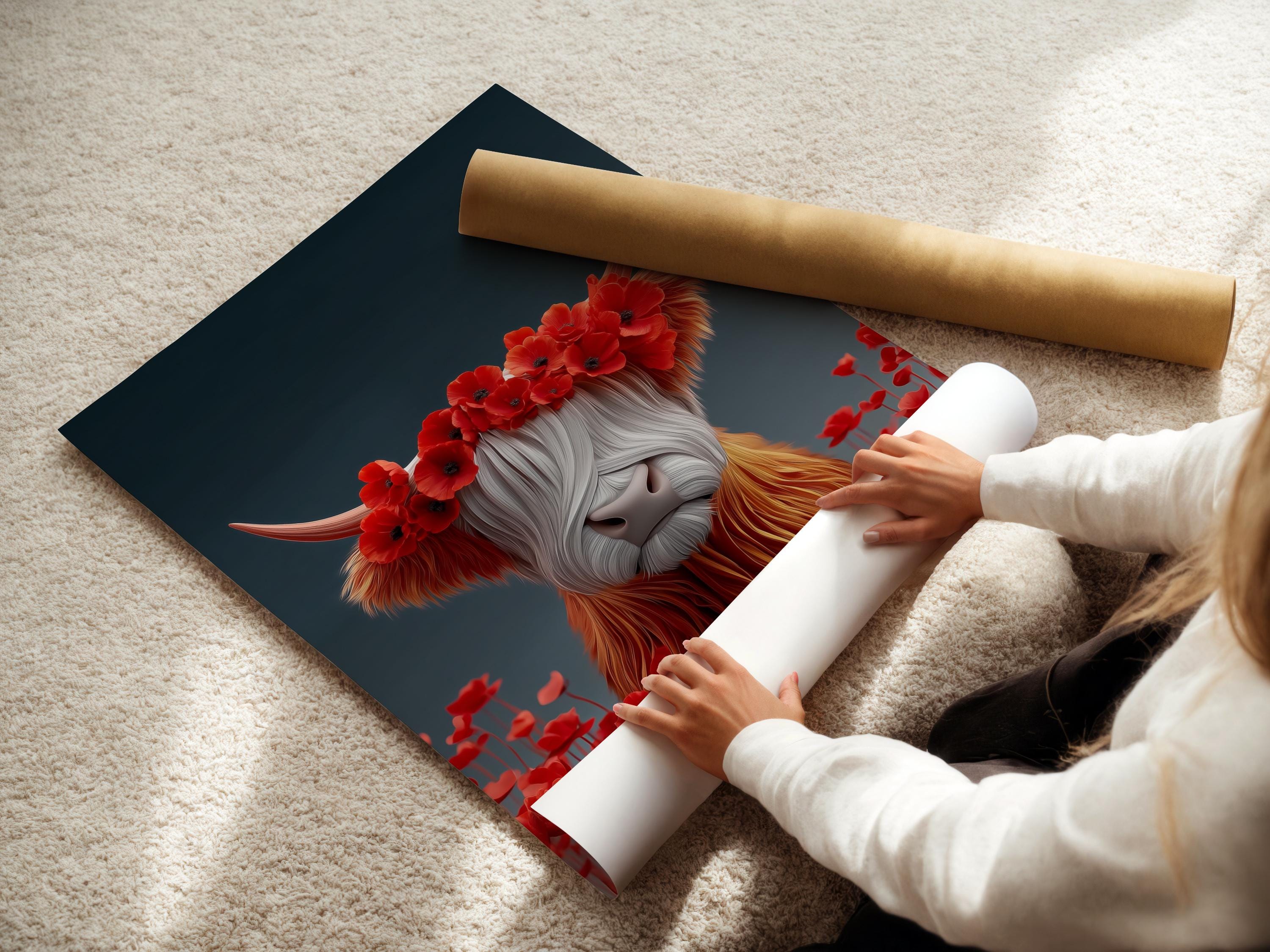 Room mockup featuring a framed stylised Highland cow with red poppy flower crown