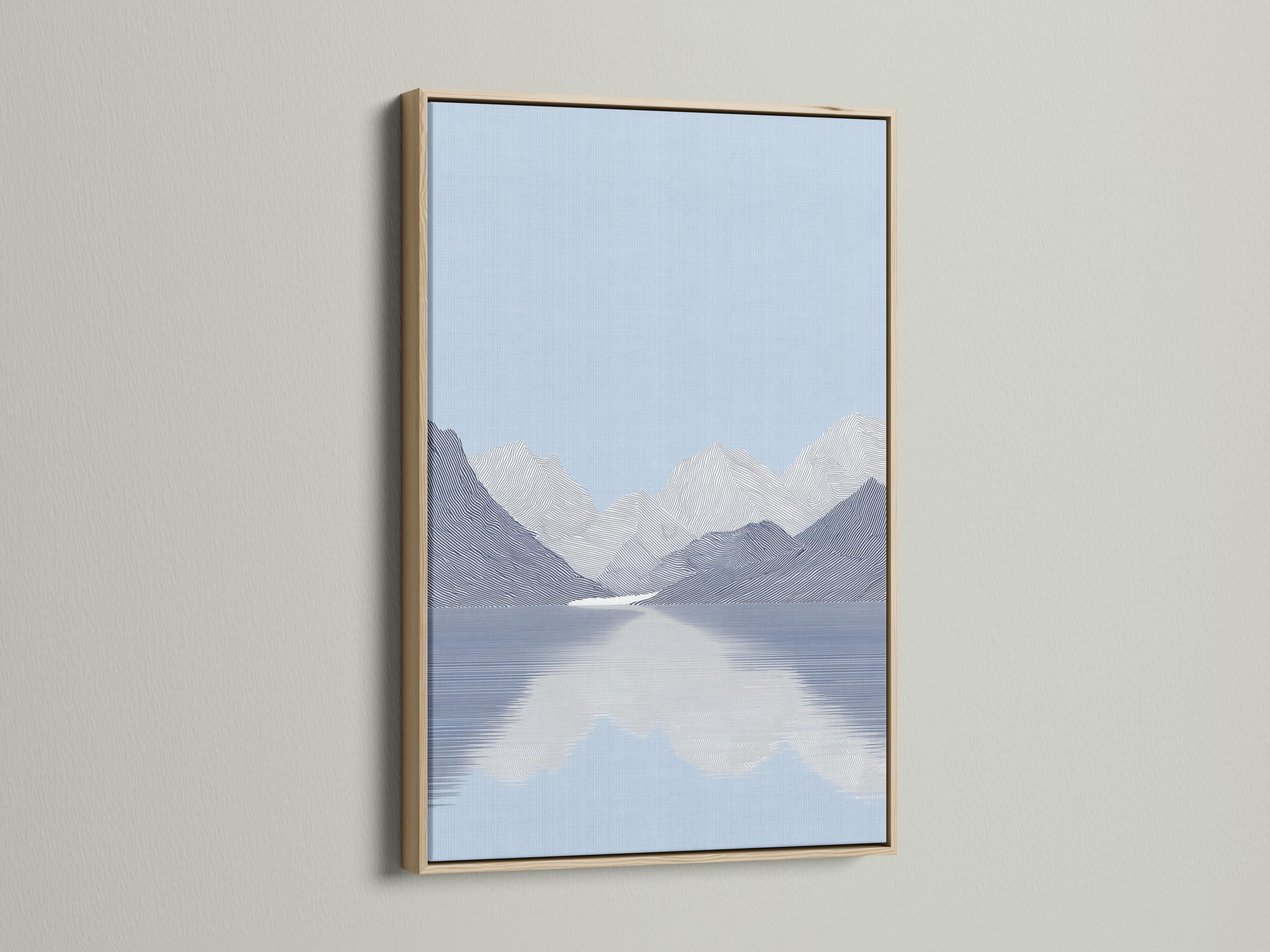 Minimalist light blue mountain landscape with layered contour lines and reflective water detail view