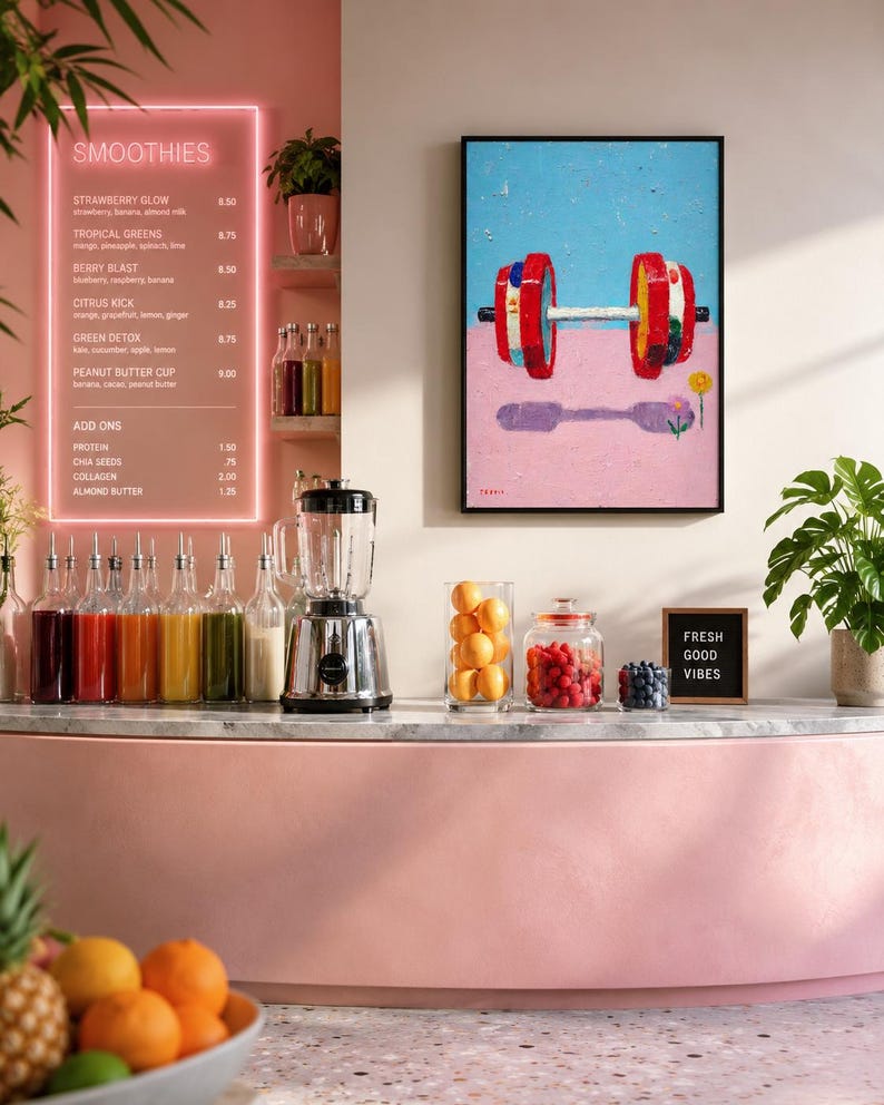 A framed abstract painting shows a brightly coloured weight barbell on a blue-and-pink background with small scattered speckles and a minimal flower