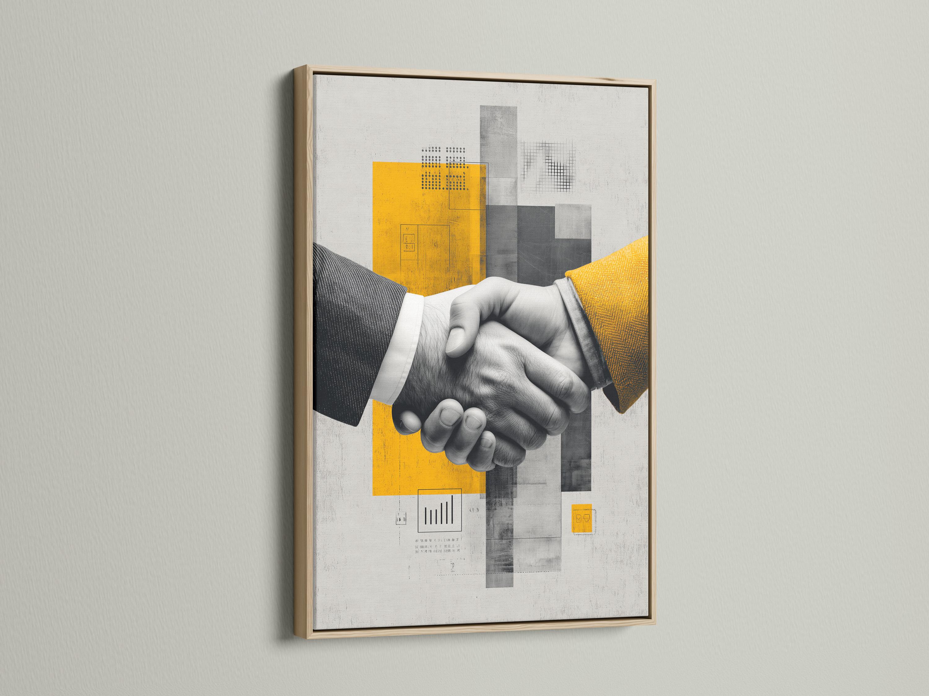 Black-and-white handshake centred in a geometric grey and yellow abstract design detail view