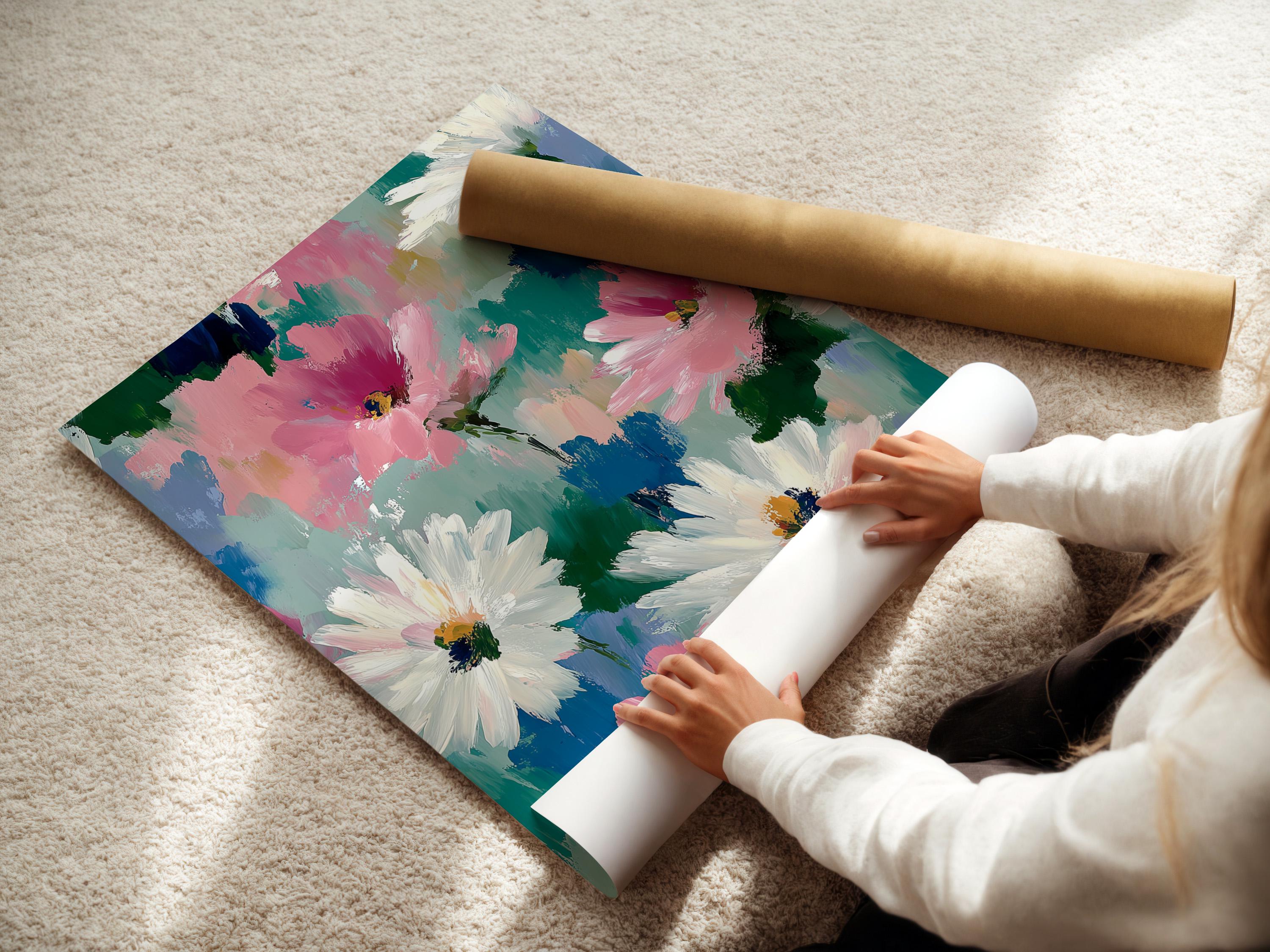 Abstract floral painting with pink and white daisy-like flowers, teal and blue background, and green stems detail view