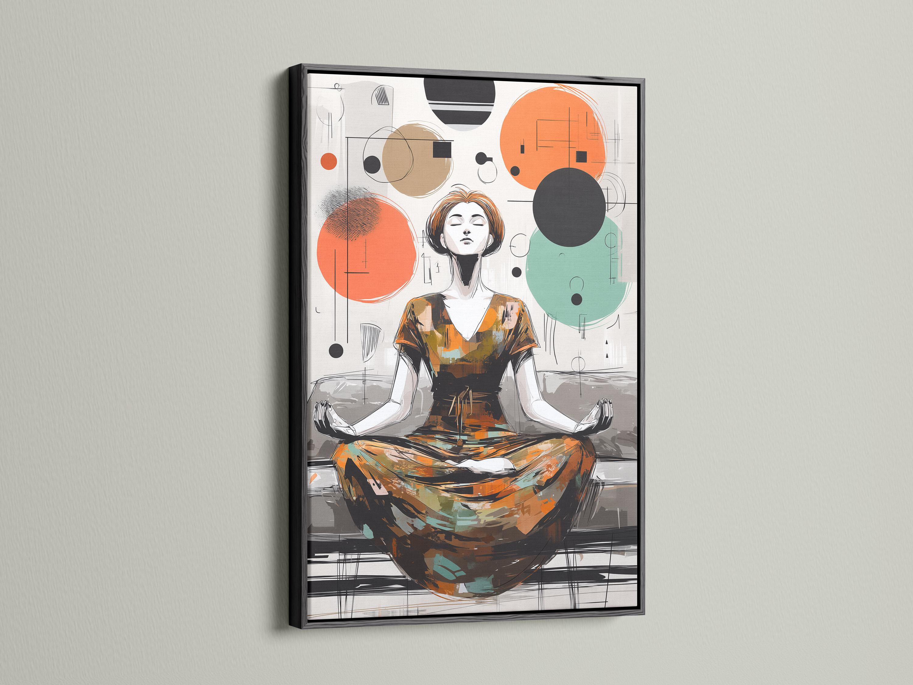 Framed artwork showing a woman meditating with floating geometric circles in orange, teal and charcoal detail view