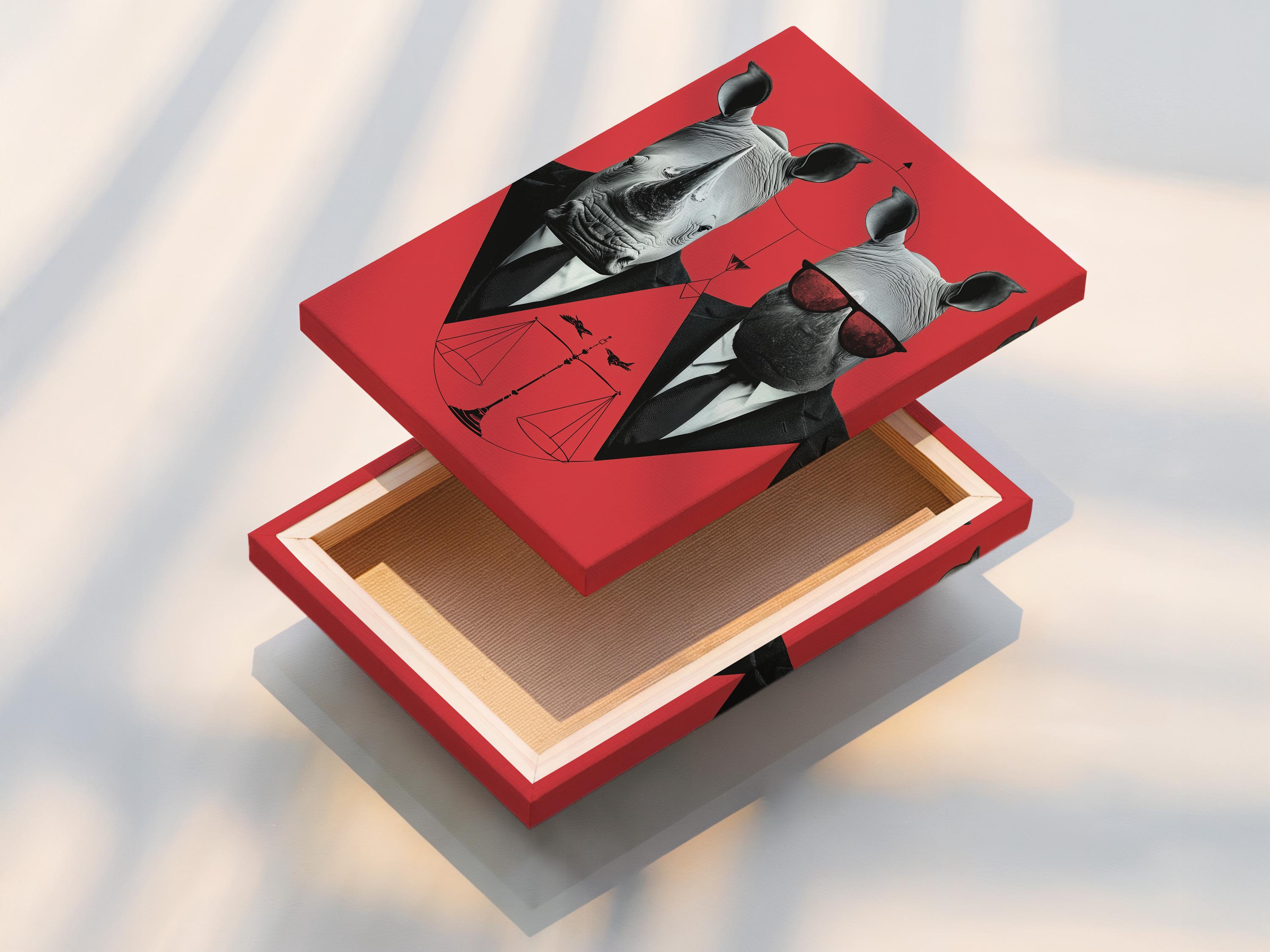 A stylised rhino duo in suits wears red sunglasses against a coral backdrop, with a red hourglass-like symbol and thin geometric lines below detail