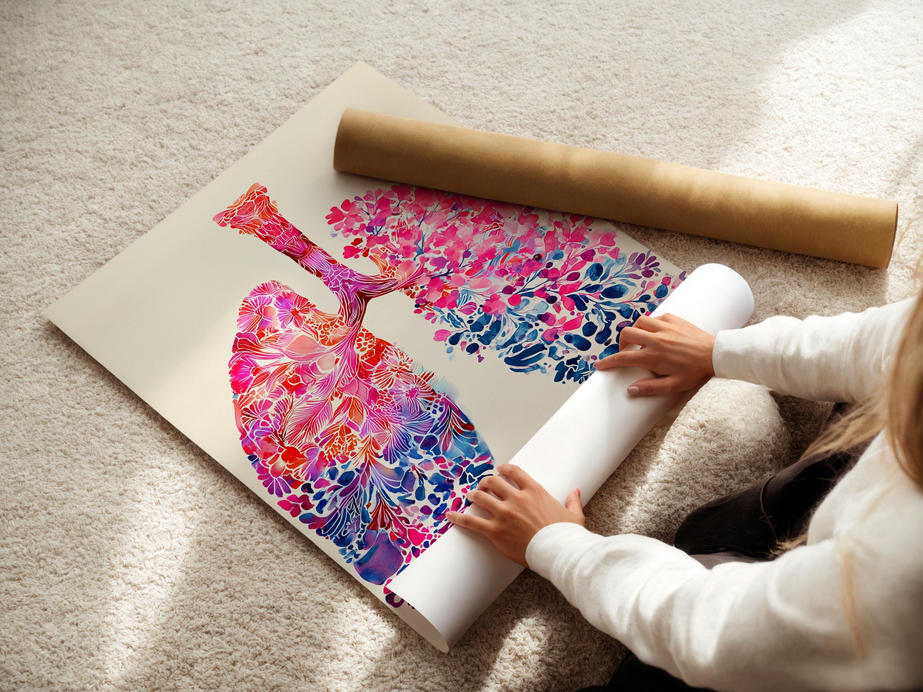Room mockup showing a framed floral lungs artwork with pink and blue anatomy details