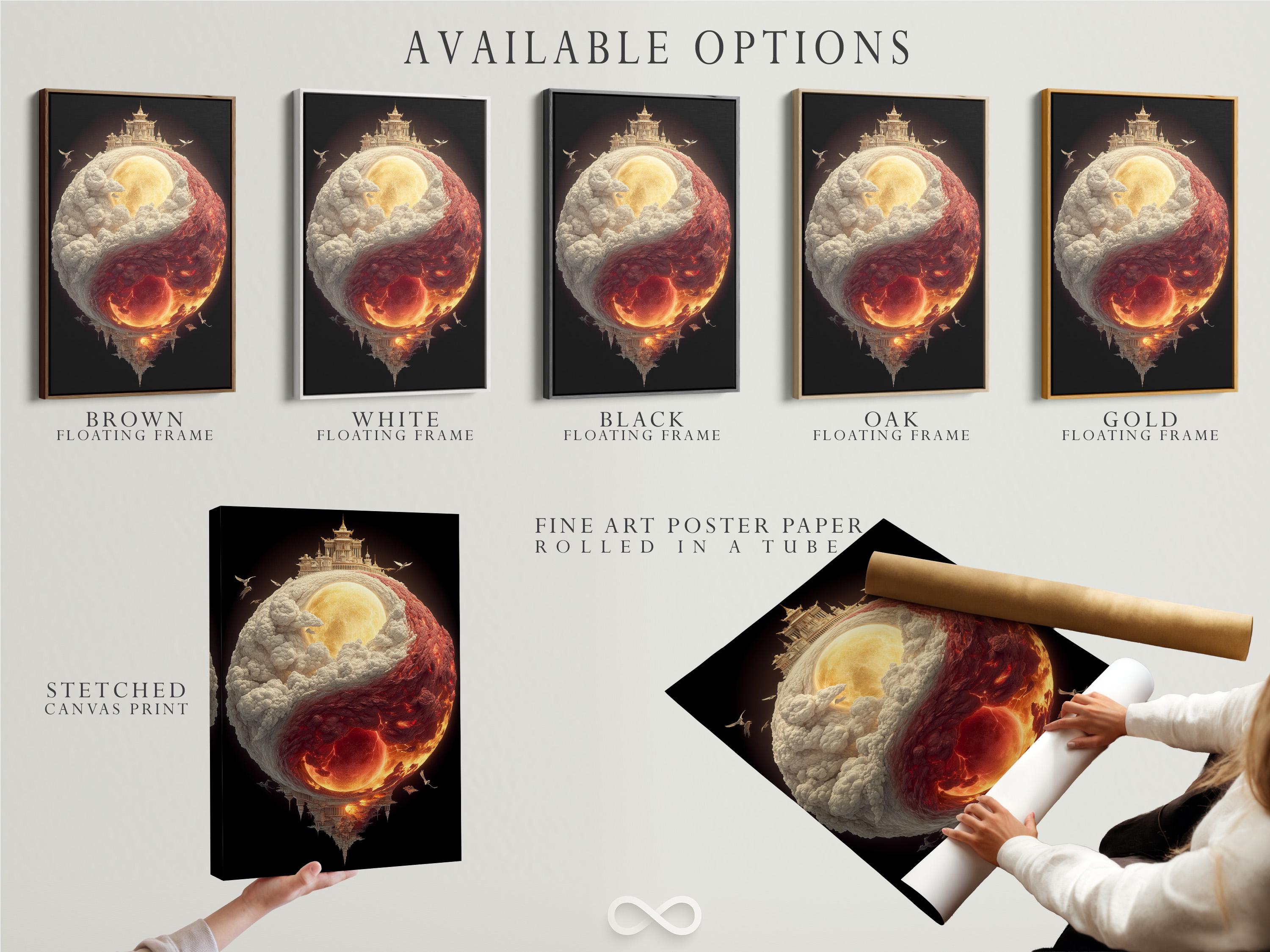 Yin–Yang inspired glowing sphere with cloud textures, fire colours, temple silhouettes and small flying birds detail view
