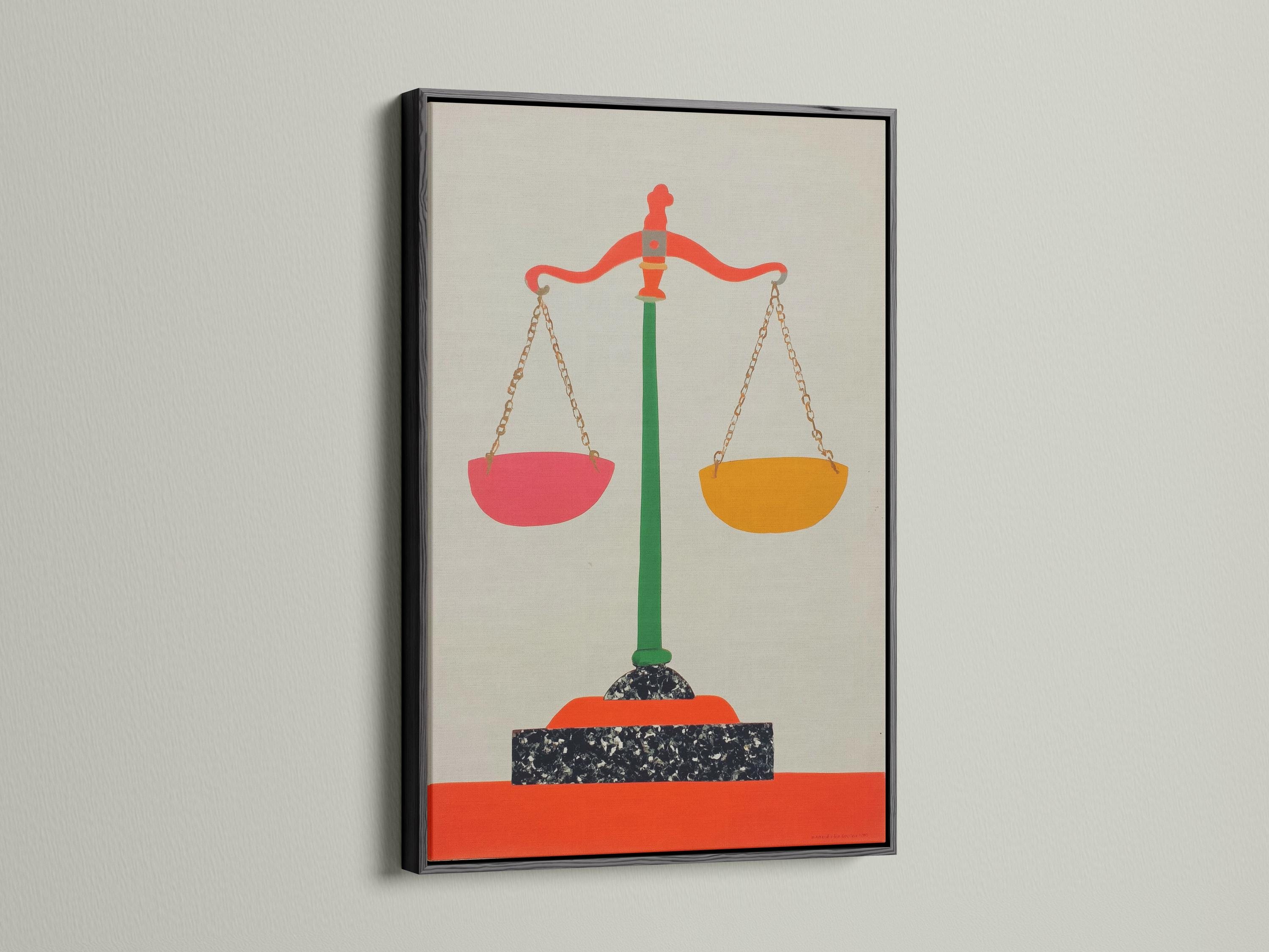 A stylised balance scale icon with a green stand and red and orange pans sits centrally on a pale background, framed by a thin border detail view