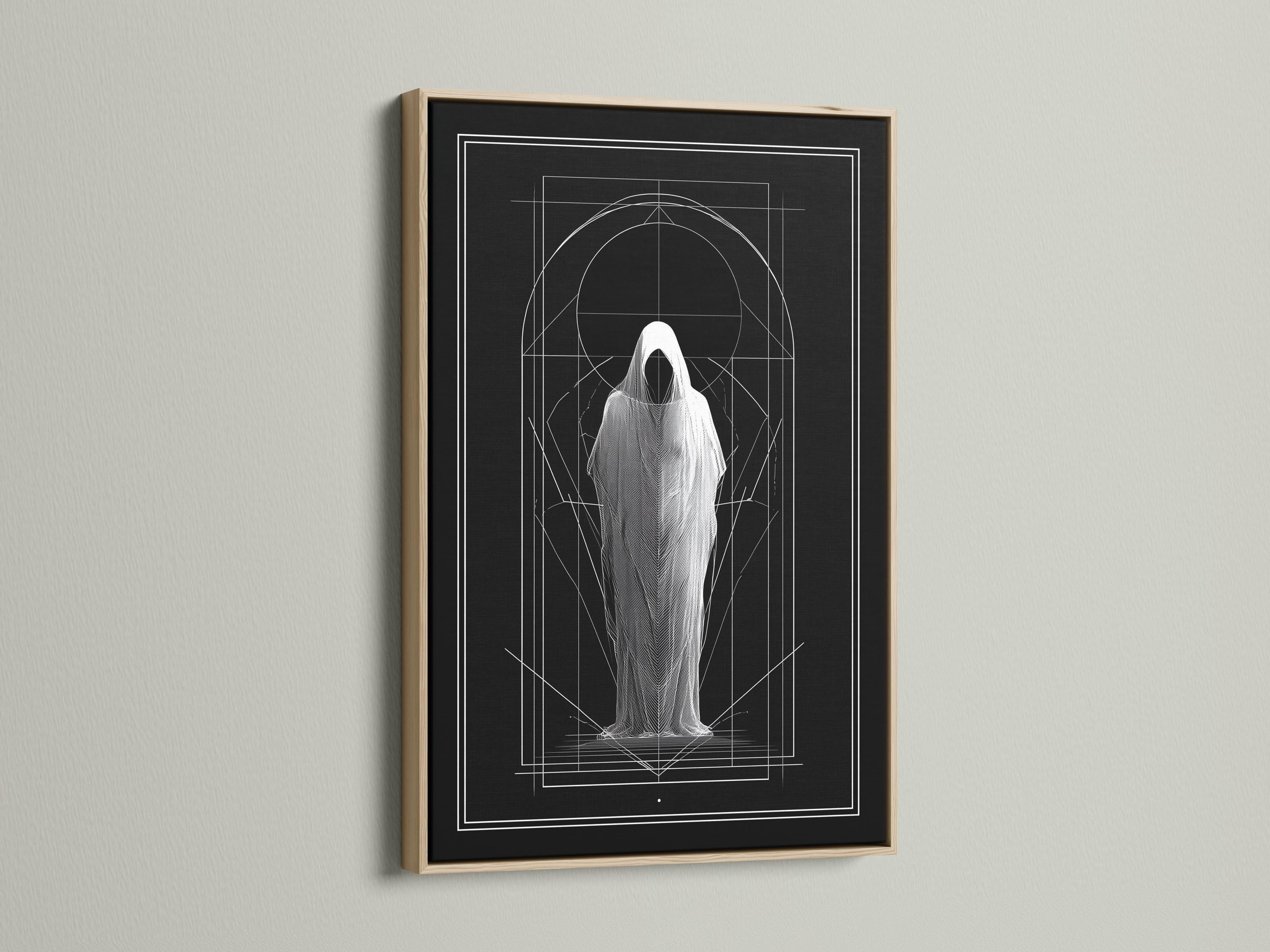 Monochrome geometric drawing of a hooded figure with white arch and grid lines on dark background detail view