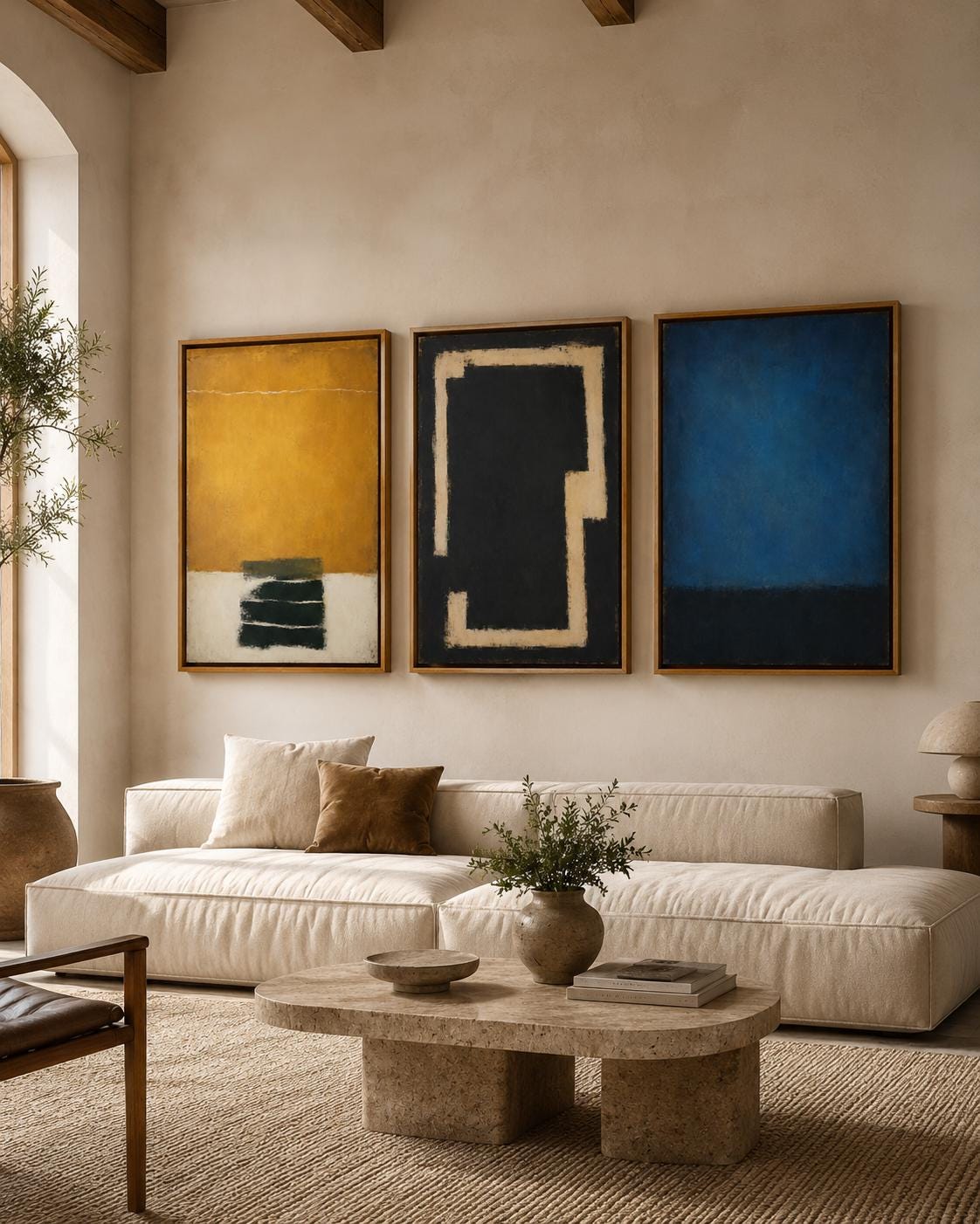 Three-panel abstract colour field triptych with deep blue, mustard ochre and near-black textures detail view