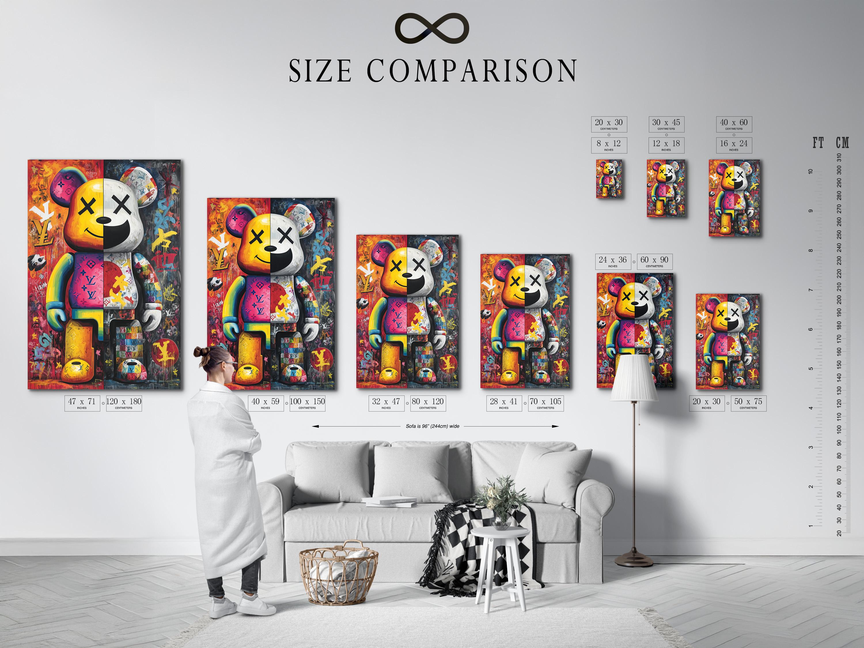 A bright pop-art style bear figure is shown amid graffiti-like colours and stickers, framed by bold black outlines and layered poster textures detail