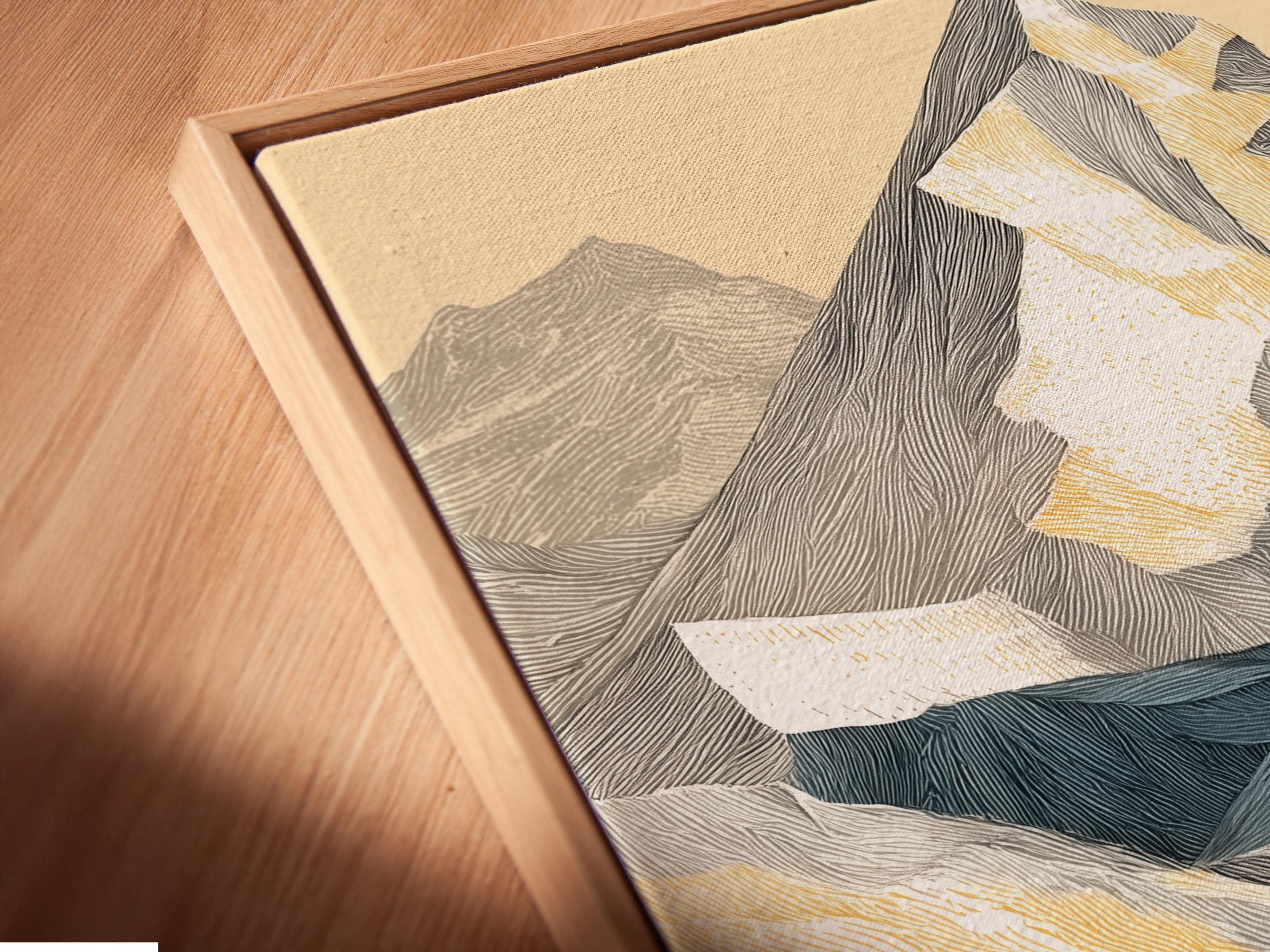 Textured mountain landscape with warm gold and burnt orange slopes and cool blue-grey peaks detail view