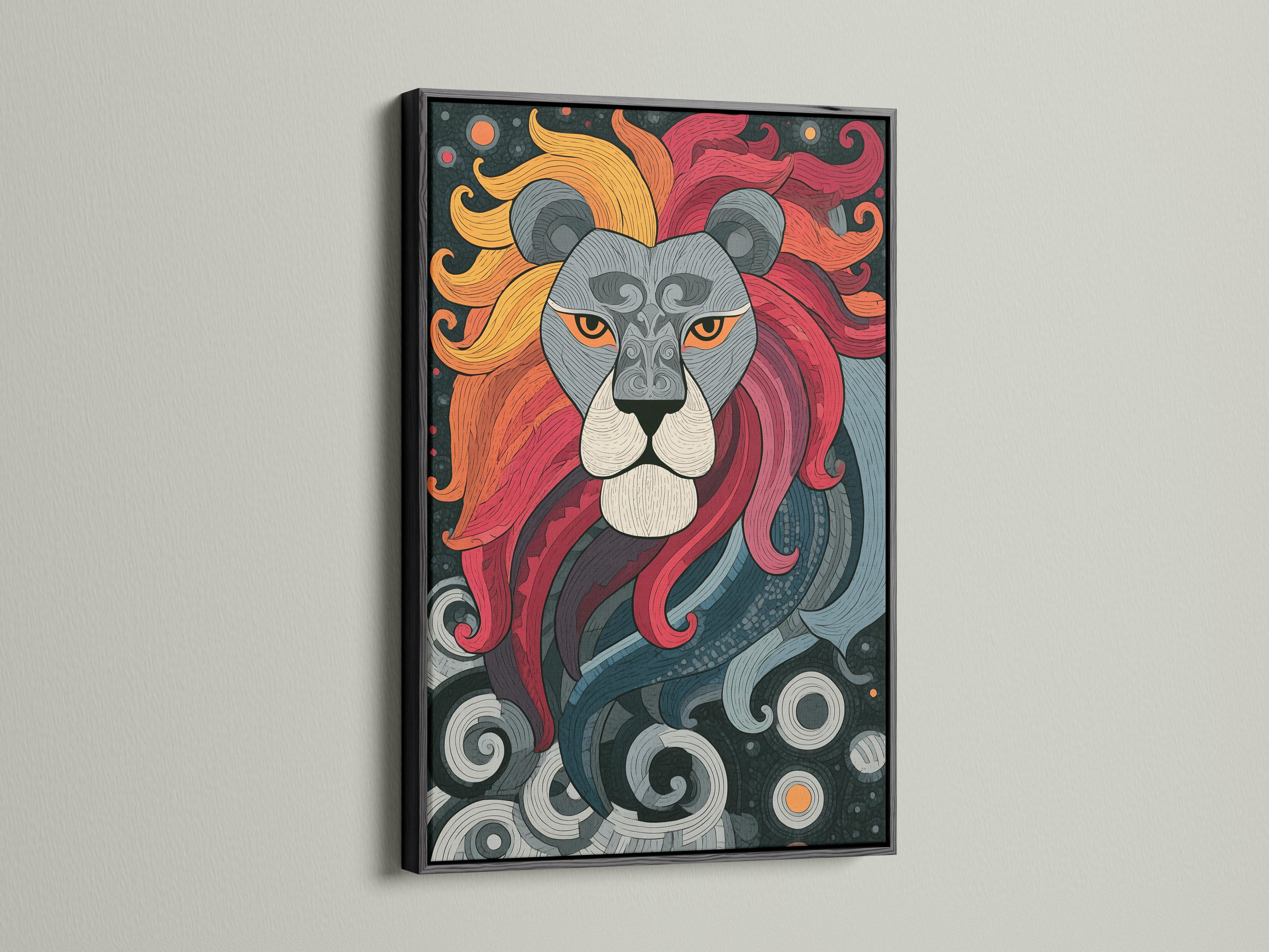 Lion portrait artwork shown in a framed mockup display