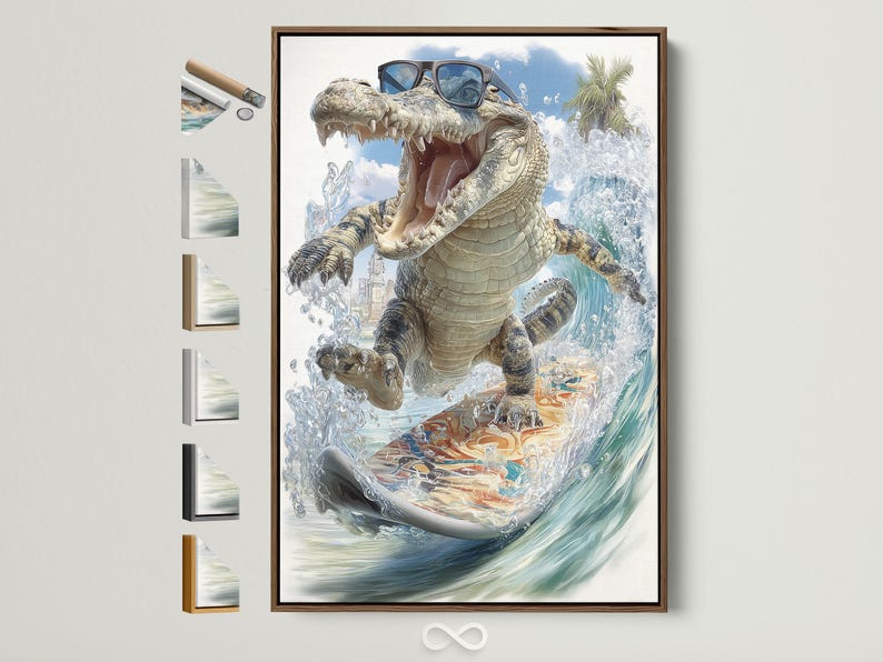 Roaring alligator with sunglasses surfing on a surfboard through foamy blue waves