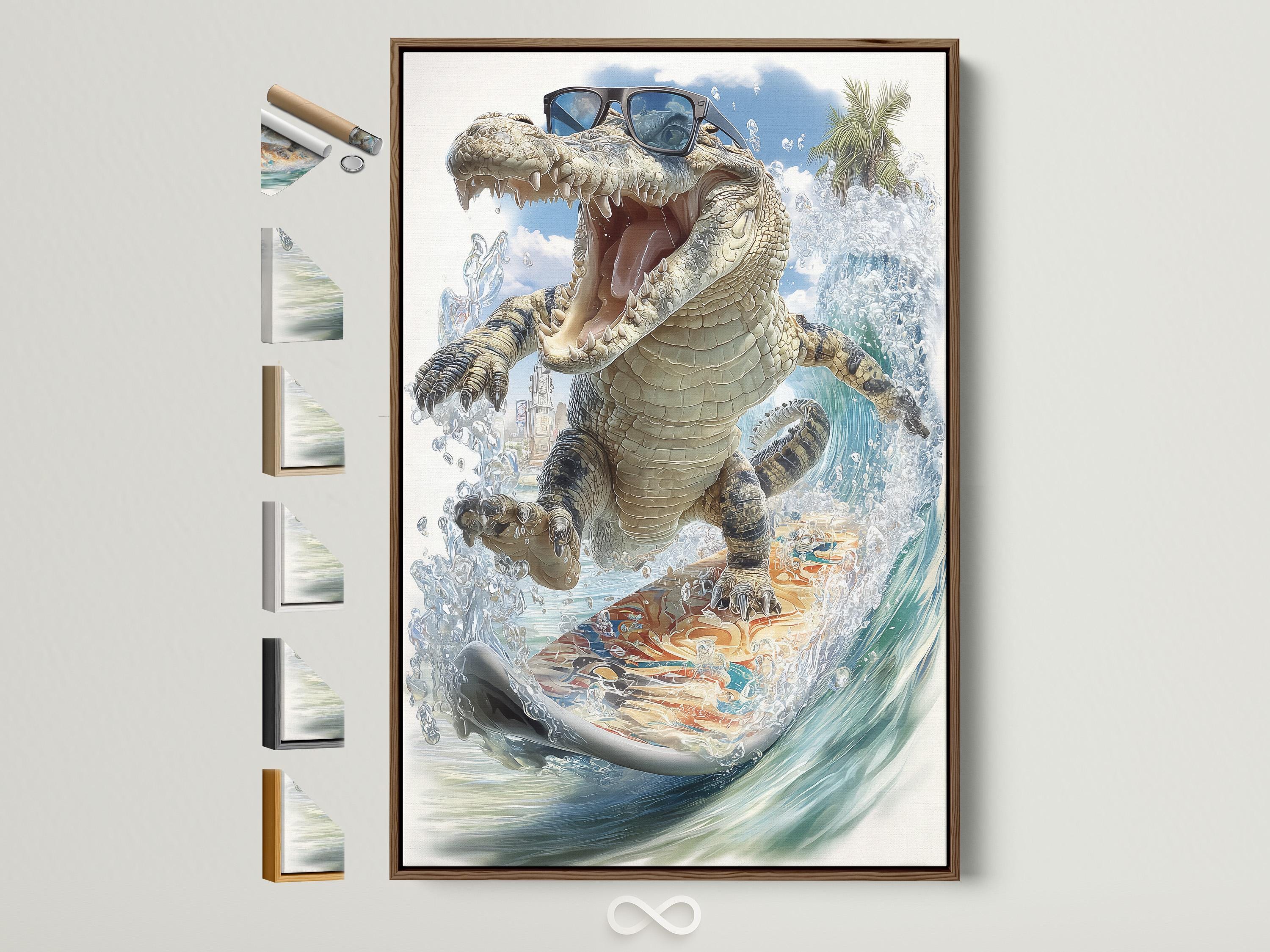 Roaring alligator with sunglasses surfing on a surfboard through foamy blue waves
