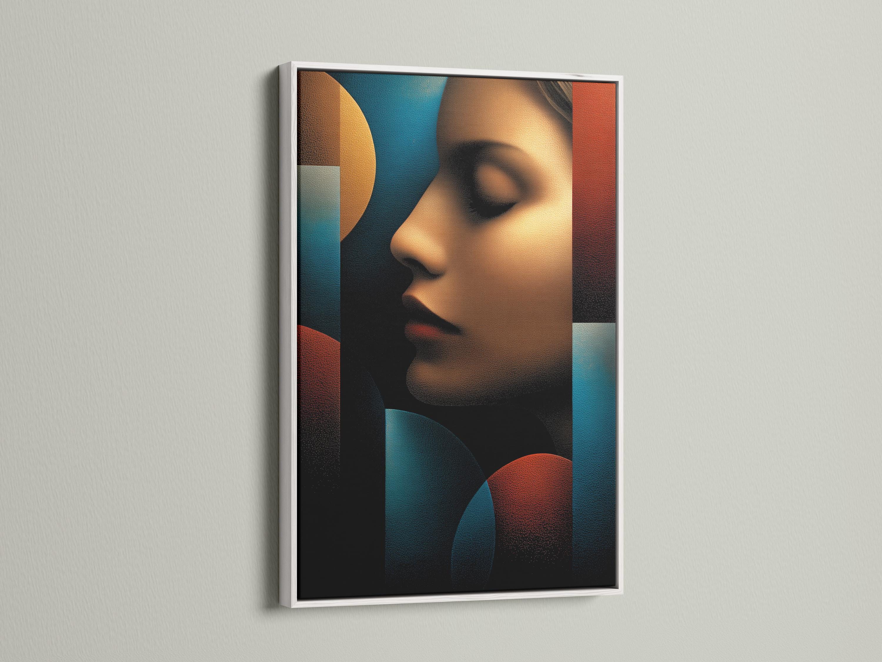 Abstract woman portrait profile in teal, bronze and burnt red-orange with textured shading detail view