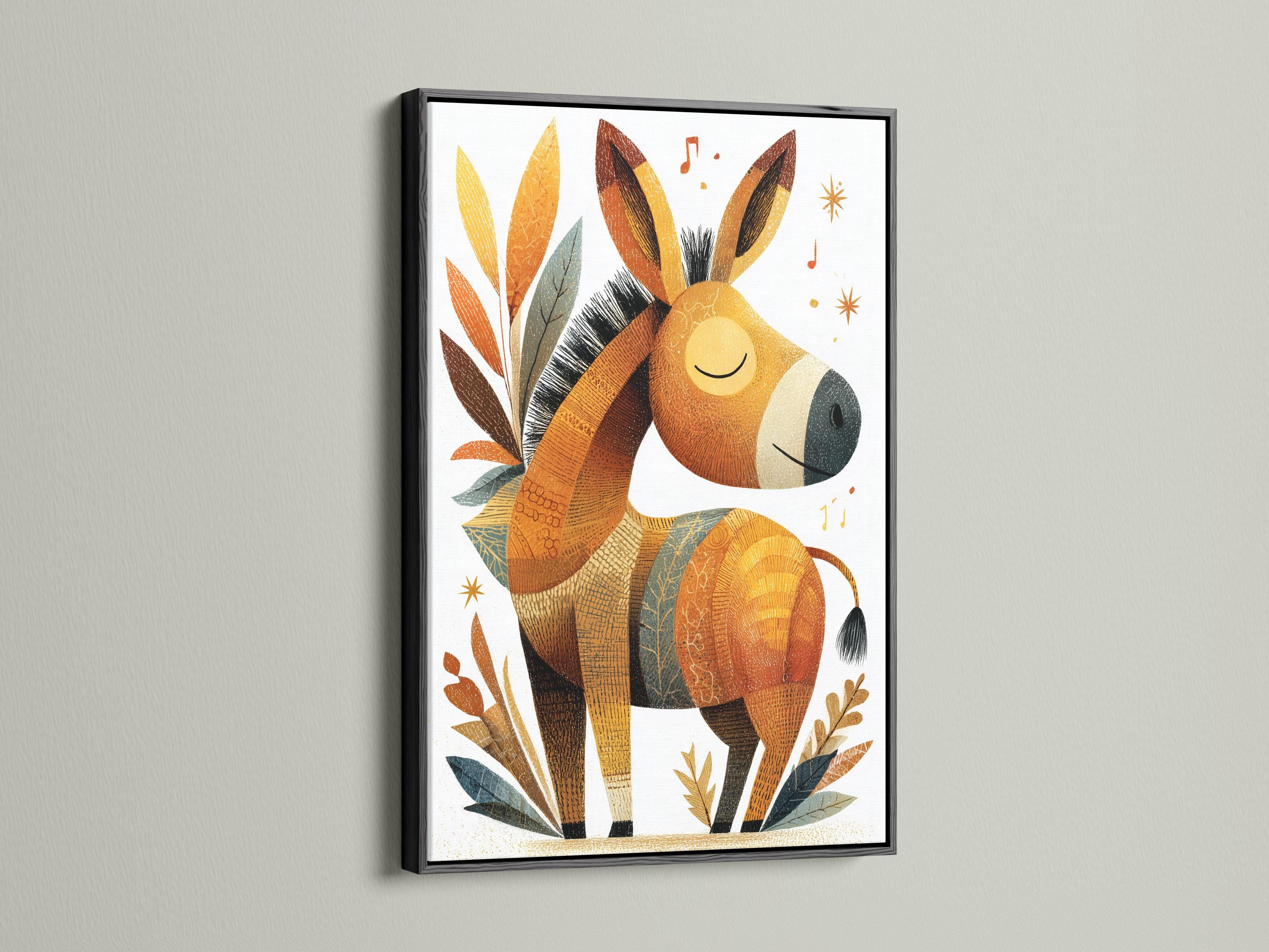 Boho donkey illustration with warm beige and brown tones, leafy accents, sparkles and music notes on a light background detail view